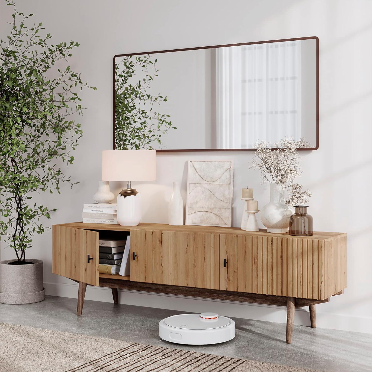 Living Skog  Chelsea Brown TV Stand Fits for TV's up to 65 in. with Slatted Design and Wood Legs light brown Matte Laminate