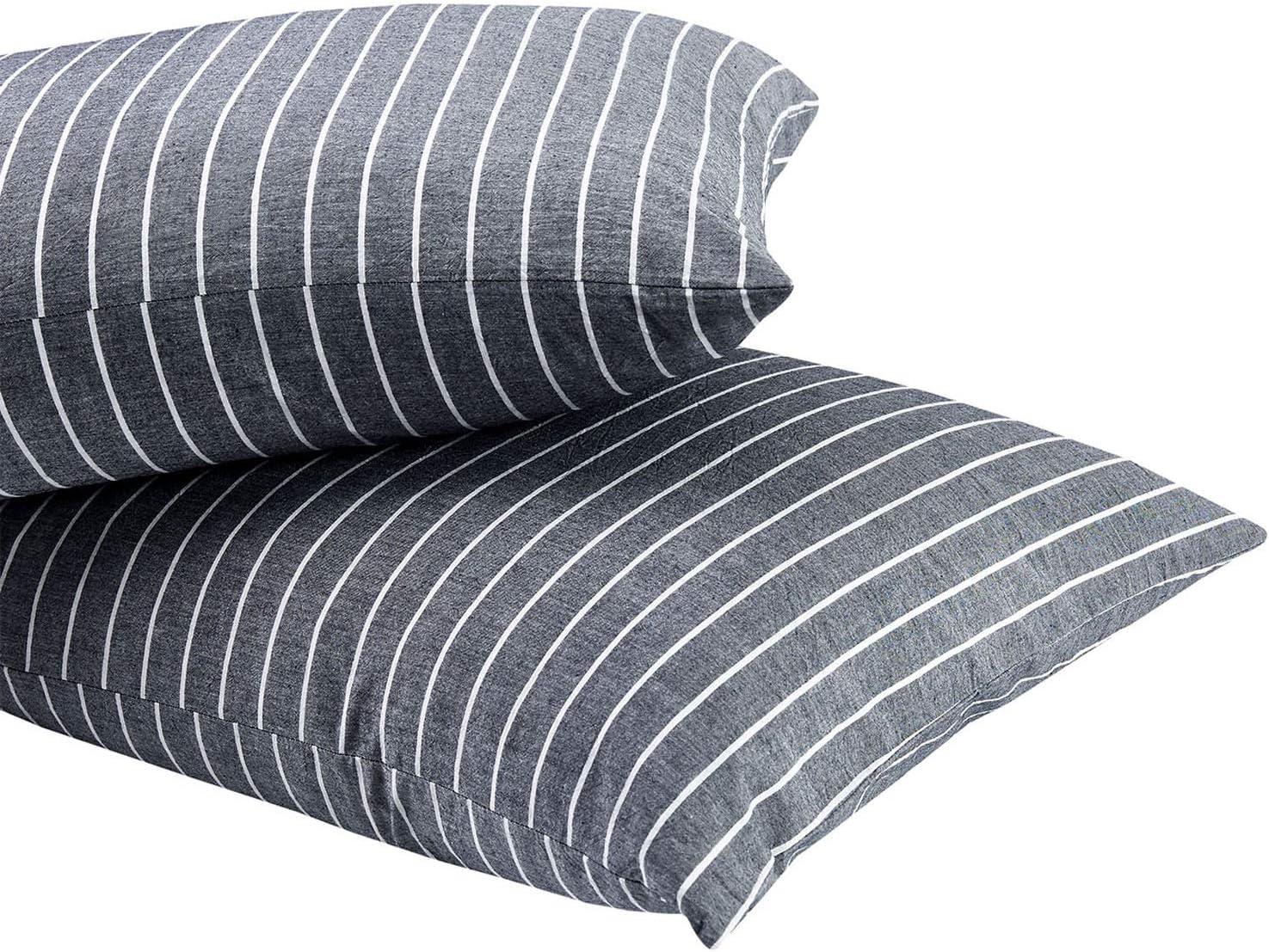 Wake In Cloud - Striped Pillow Cases, 100% Washed Cotton, Ticking Stripe Vertical Pinstripe Neutral Farmhouse, Set of 2 Pillowcases Pillow Shams Covers, Gray, Standard Size 20x26 Inches