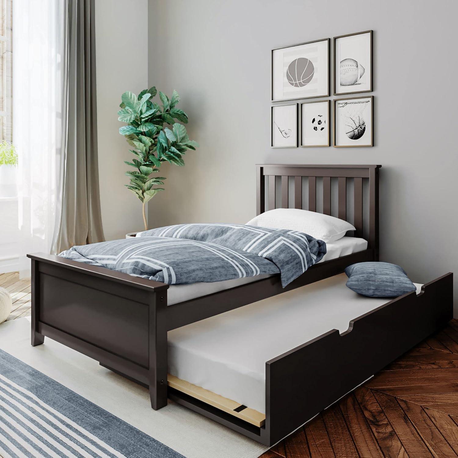 Pine Wood Twin Bed with Slatted Headboard and Trundle