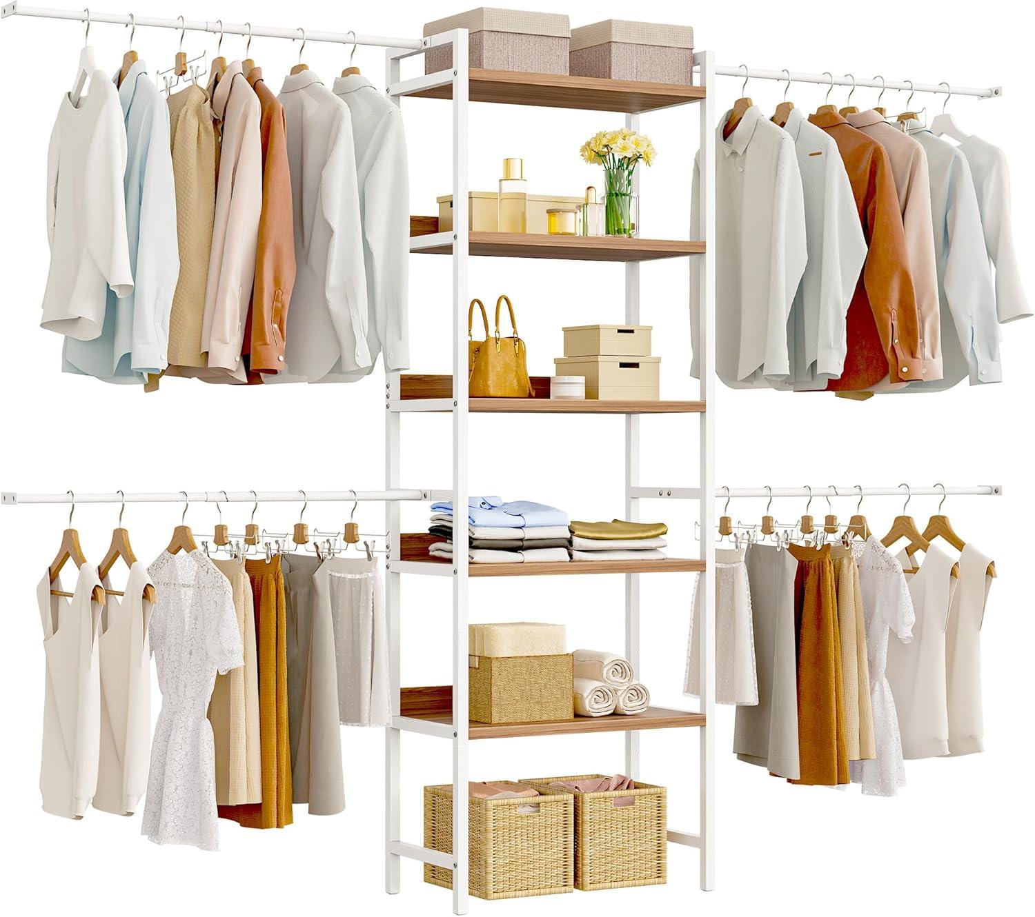 White Adjustable Heavy Duty Walk-In Closet Organizer System with Wood Shelves