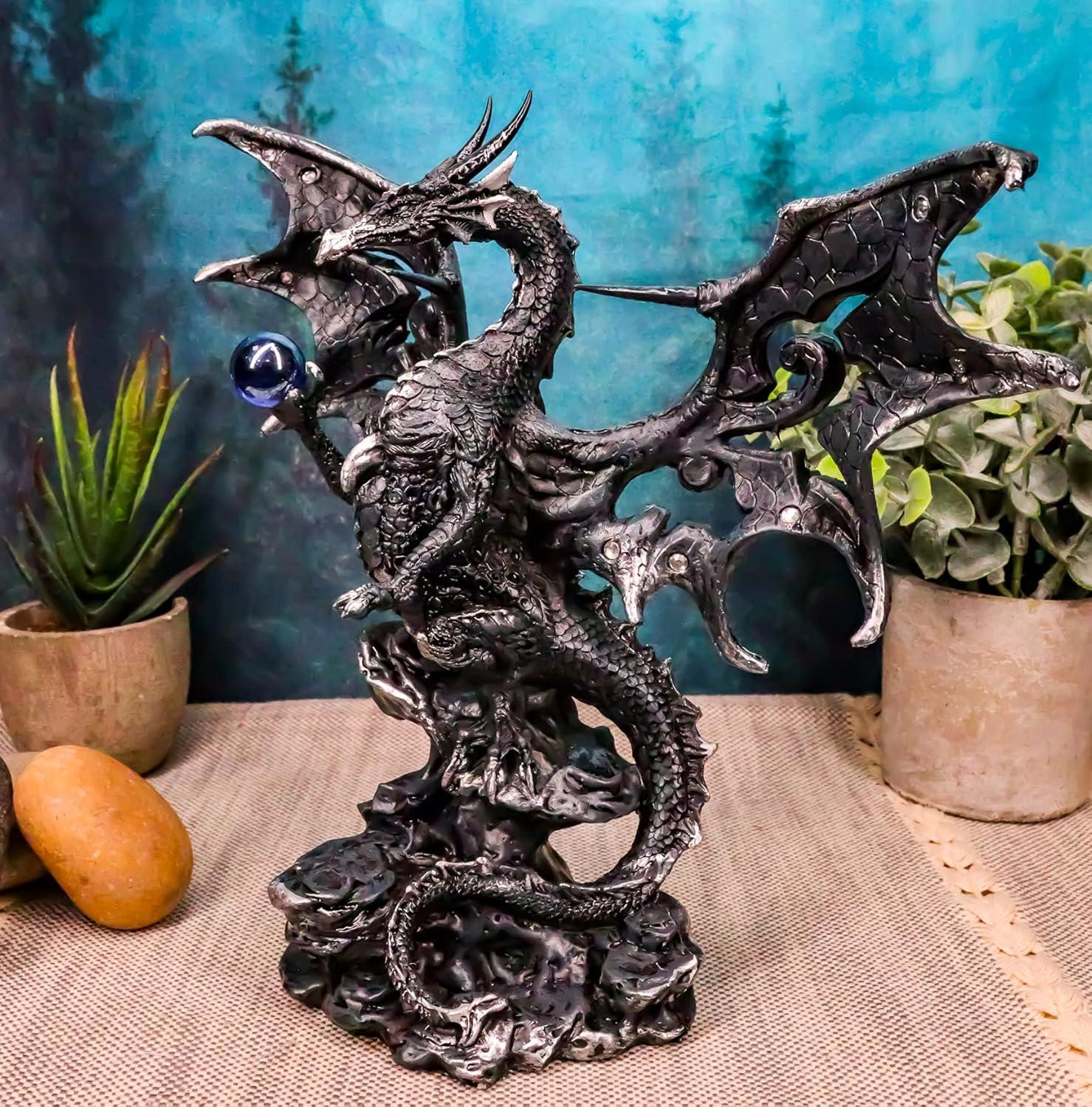 Gothic Black Resin Dragon Statue with Blue Orb