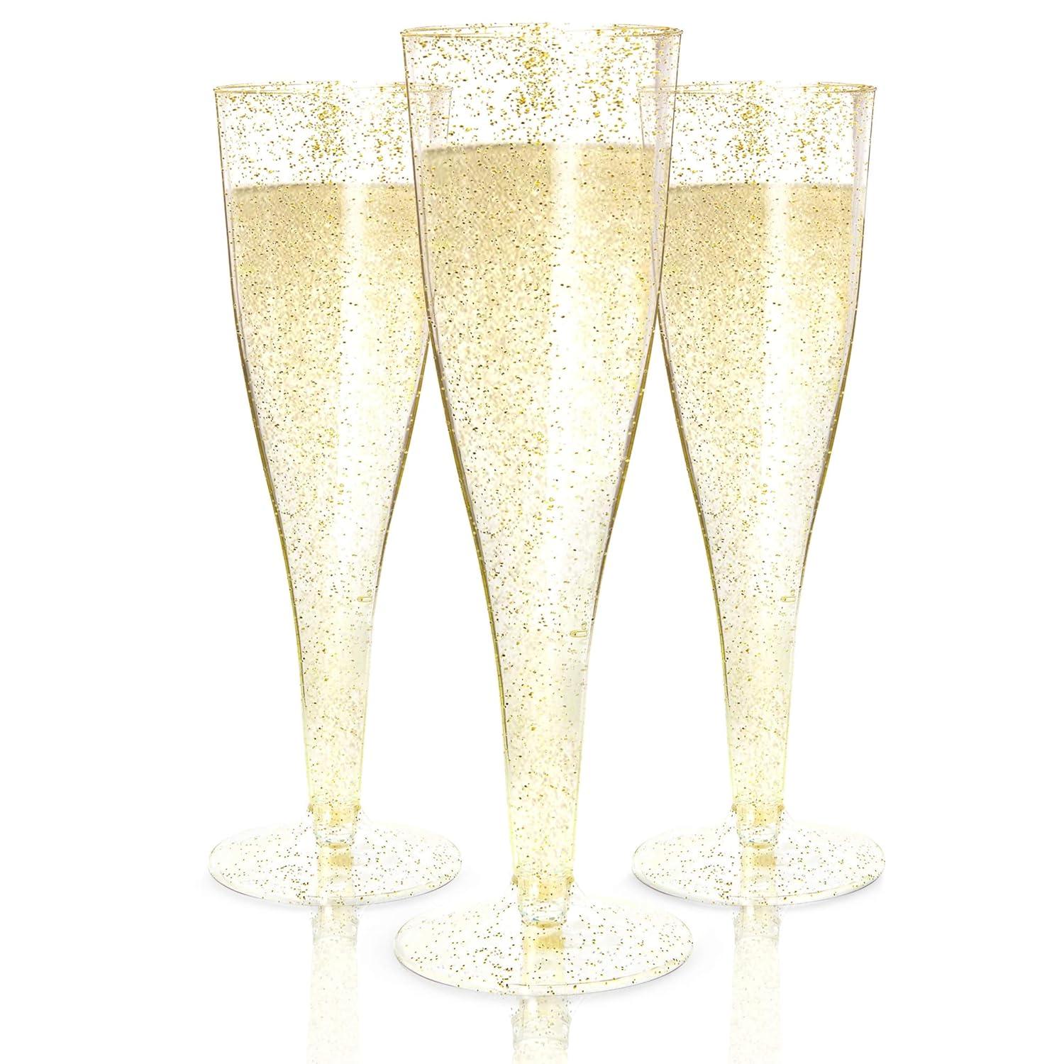 Prestee 24 Champagne Flutes Disposable, Gold Rim Glitter Plastic Cups