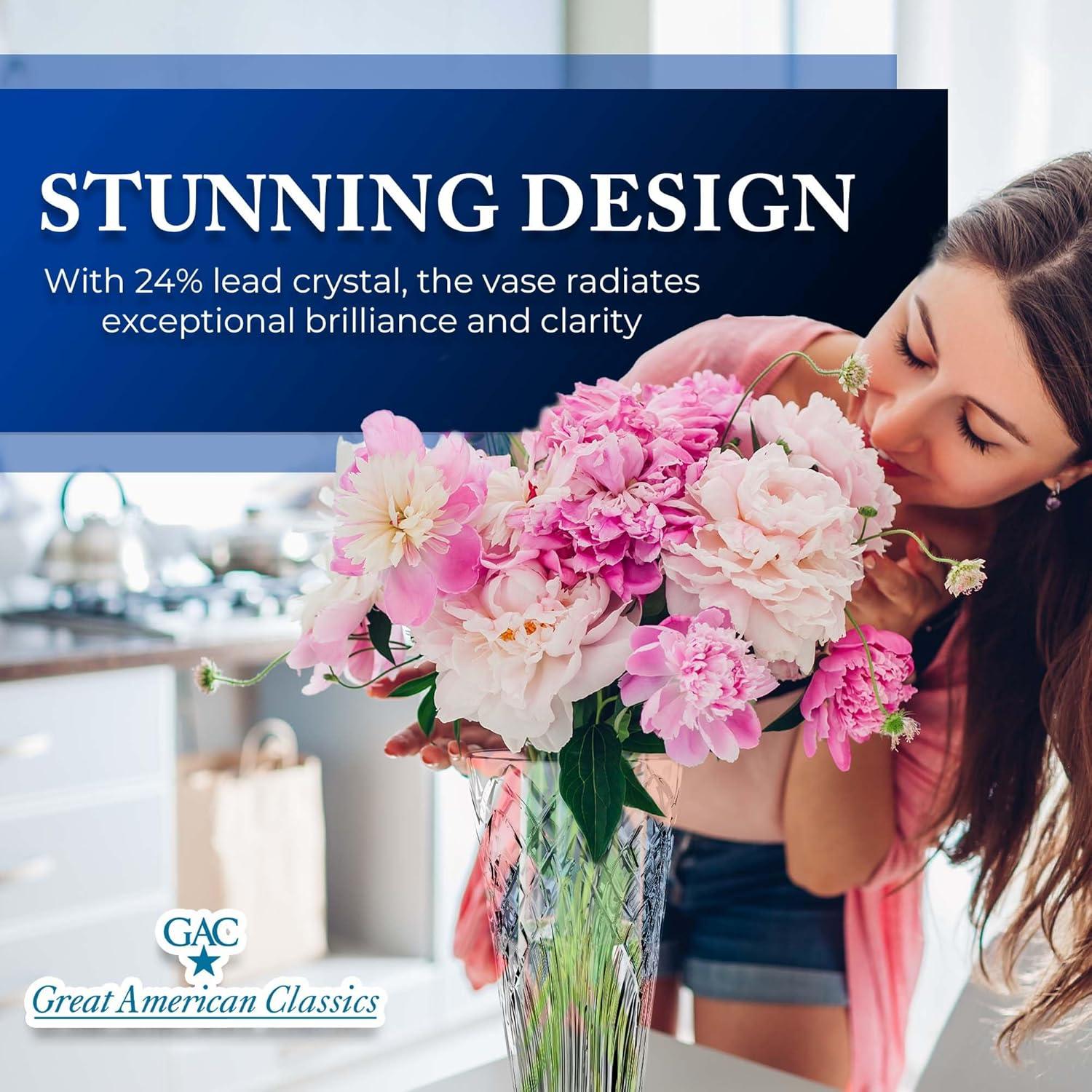 GAC Mouth-Blown Crystal Flower Vase - 10" Elegant Decorative Centerpiece for Table, Dining, Home Decor, & Weddings. Ideal for Floral Arrangements, Modern Crystal Design, Glass Vase for Living Room