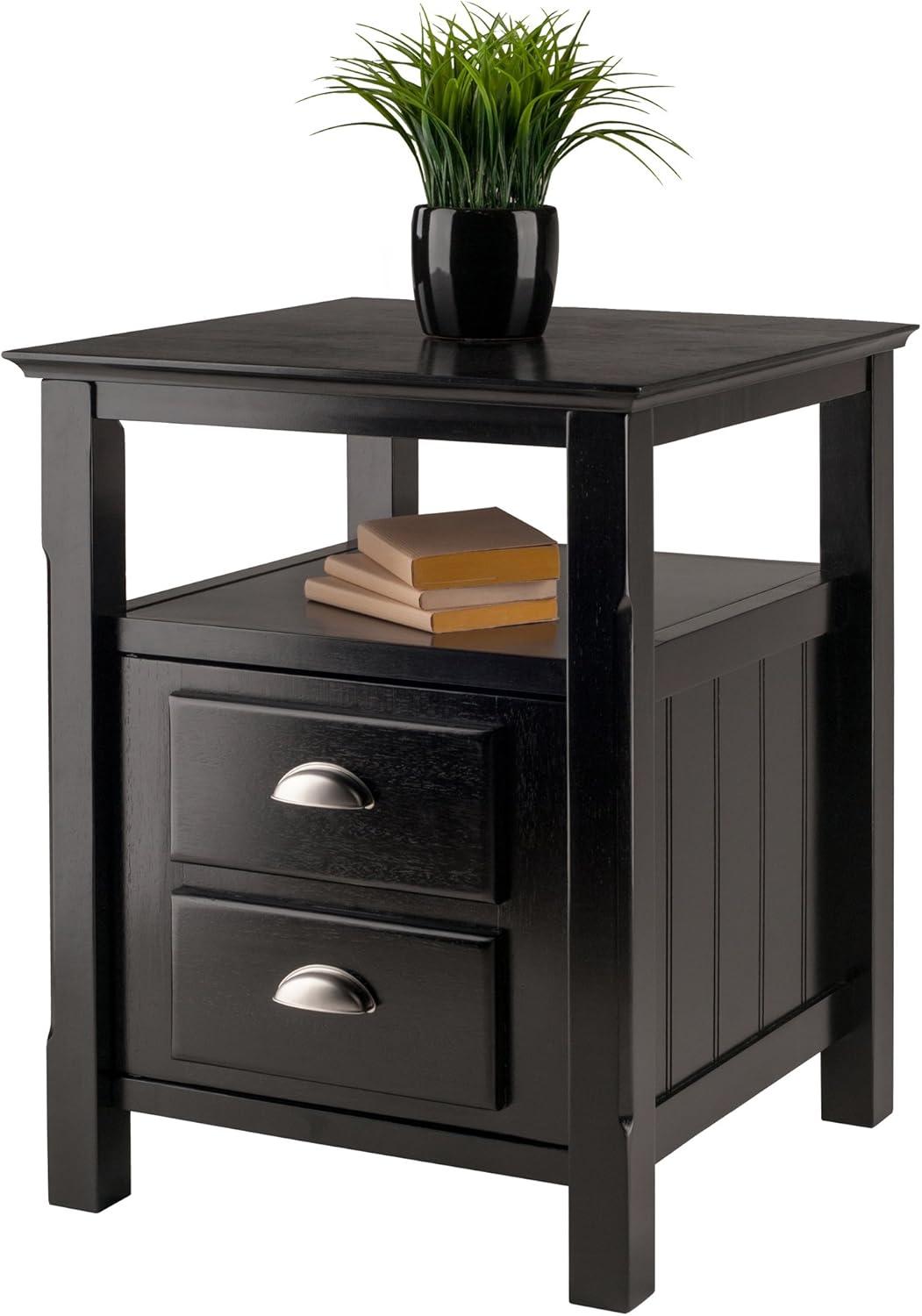 Transitional Black Solid Wood 2-Drawer Night Stand