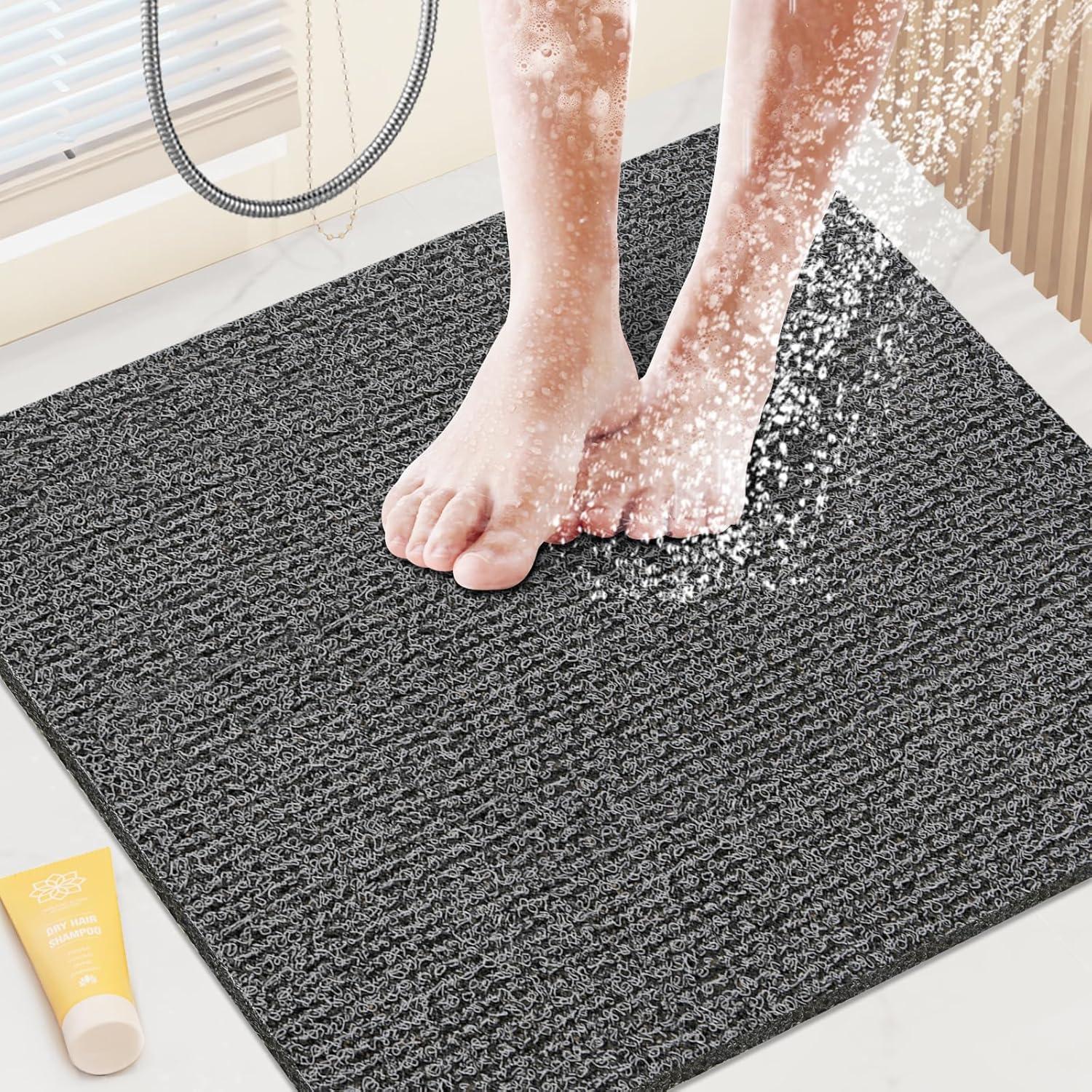 Black PVC Non-Slip Shower Mat with Drainage Holes, 24x16 Inch