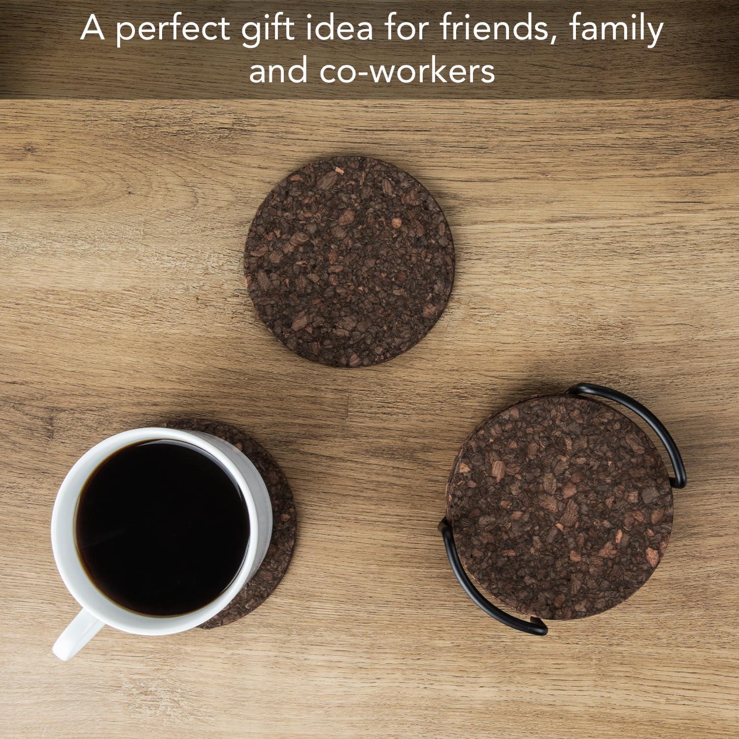 Thirstystone 6-Pack Thick Dark Brown Cork Coasters in Black Coaster Holder 4.7" Round