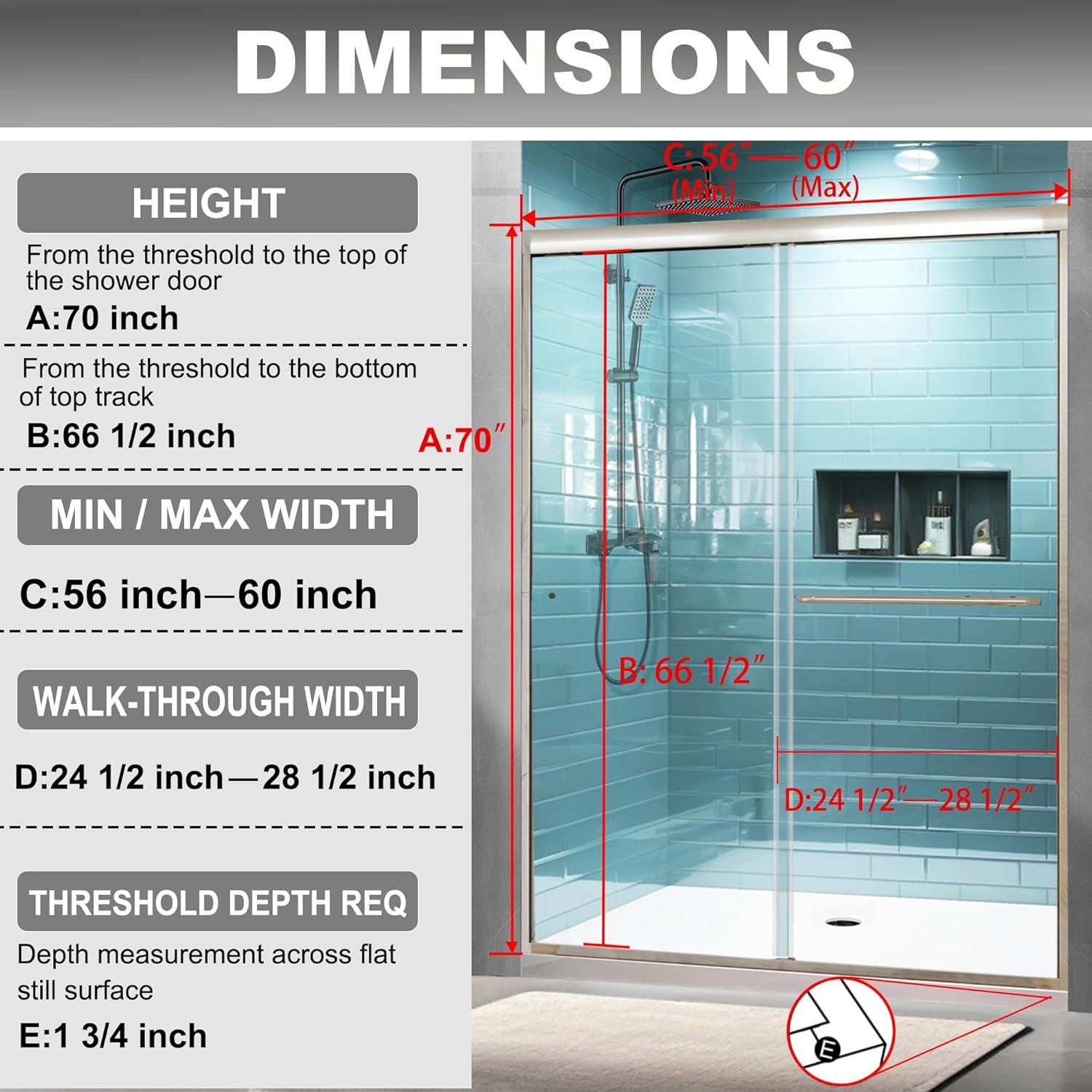 56-60 in.W x 72 in.H Semi-Frameless Sliding Shower DoorClear SGCC Tempered Glass.