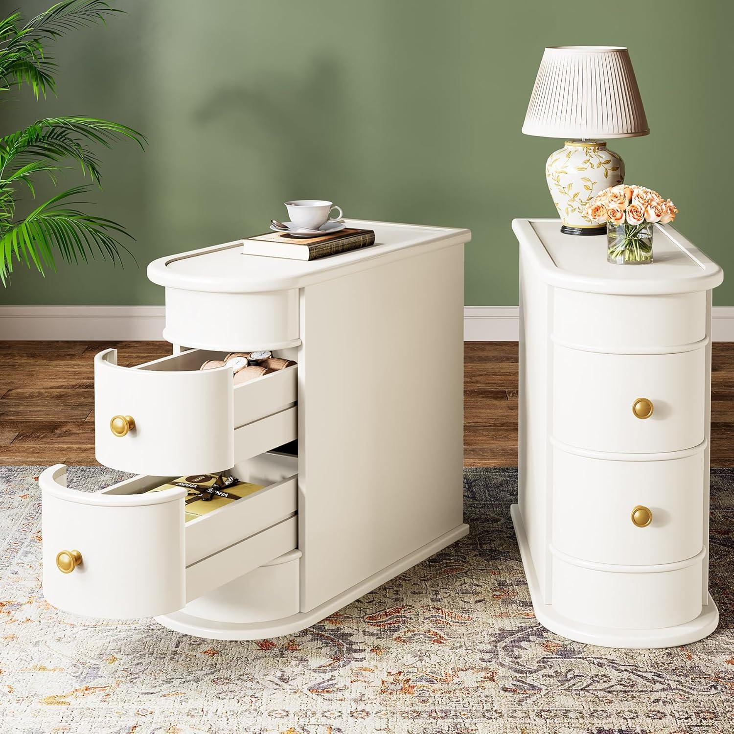 Hommoo Wood Narrow Nightstand with 2 Drawers Off-White