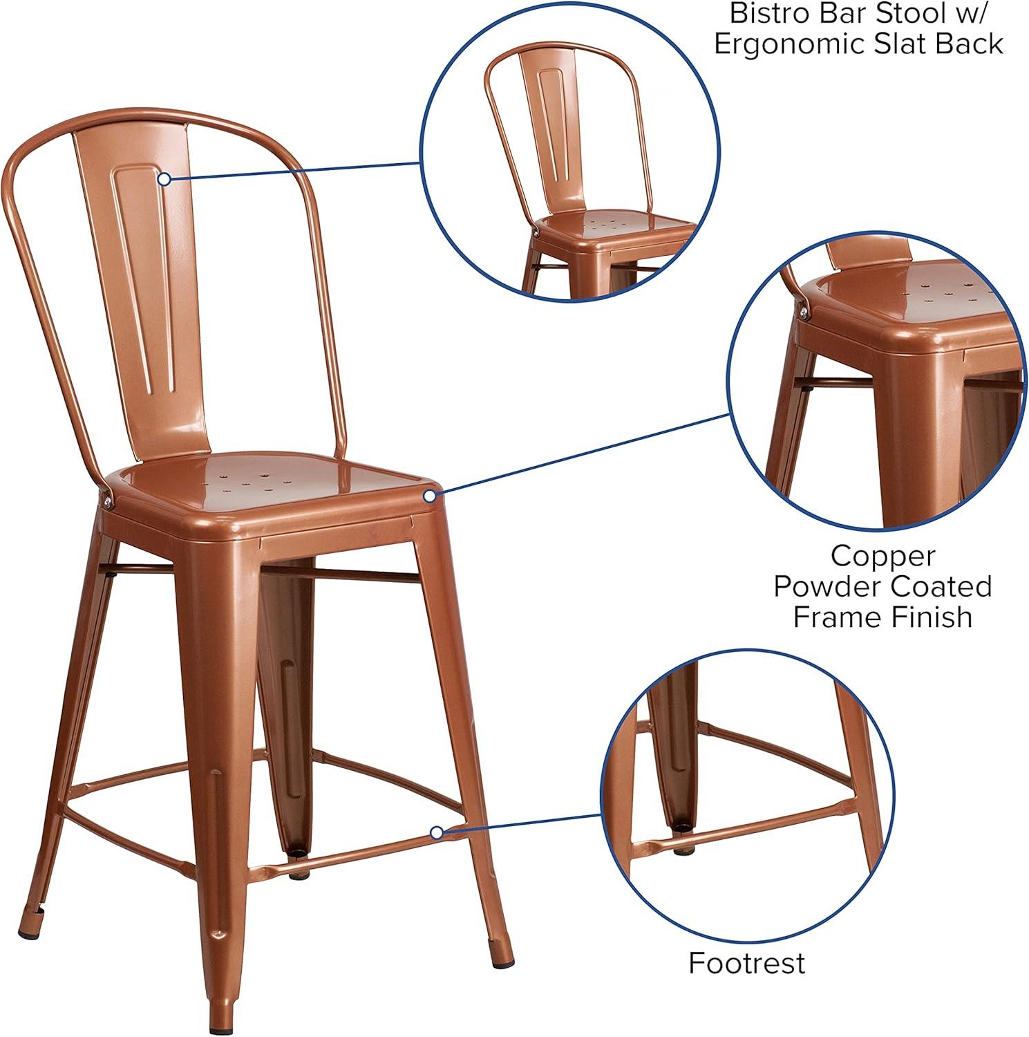 Emma and Oliver Commercial Grade 24"H Teal-Blue Metal Indoor-Outdoor Counter Stool w/ Back