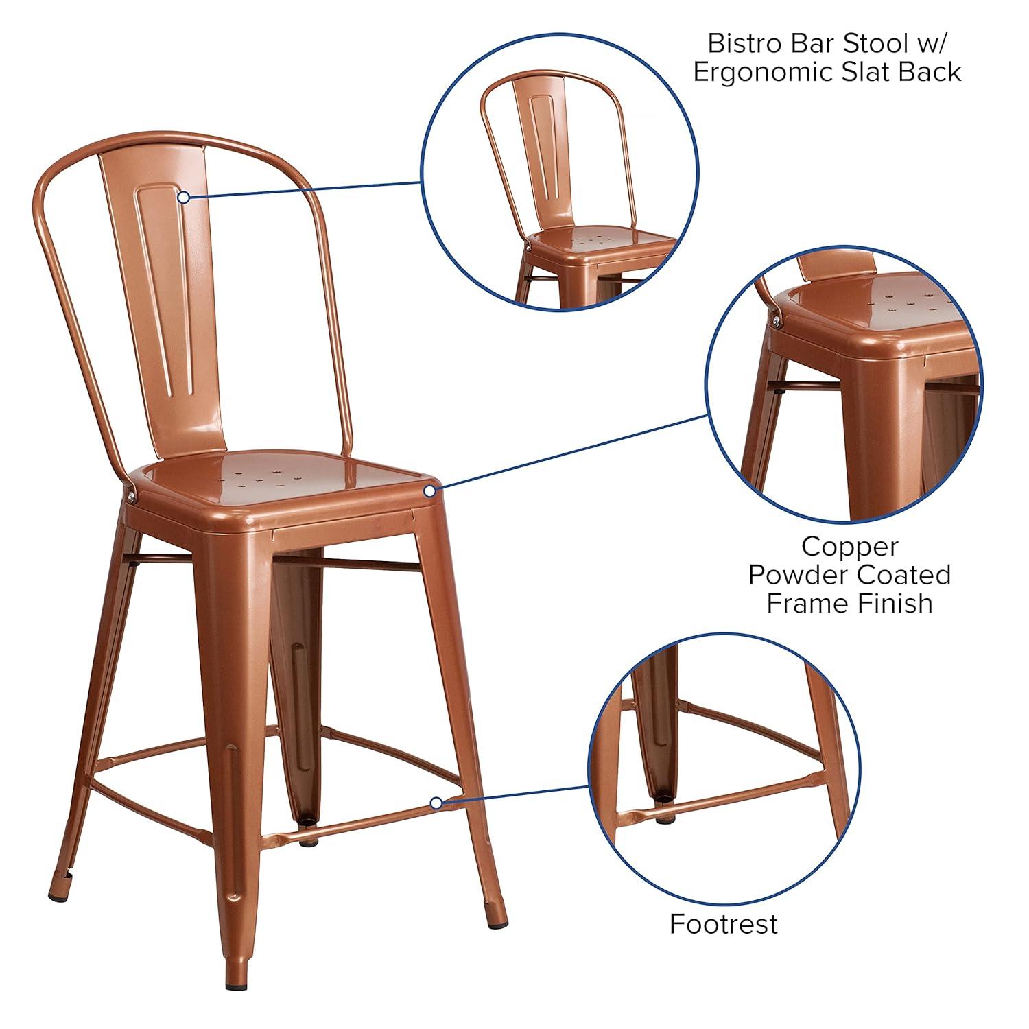 Emma and Oliver Commercial Grade 24"H Teal-Blue Metal Indoor-Outdoor Counter Stool w/ Back