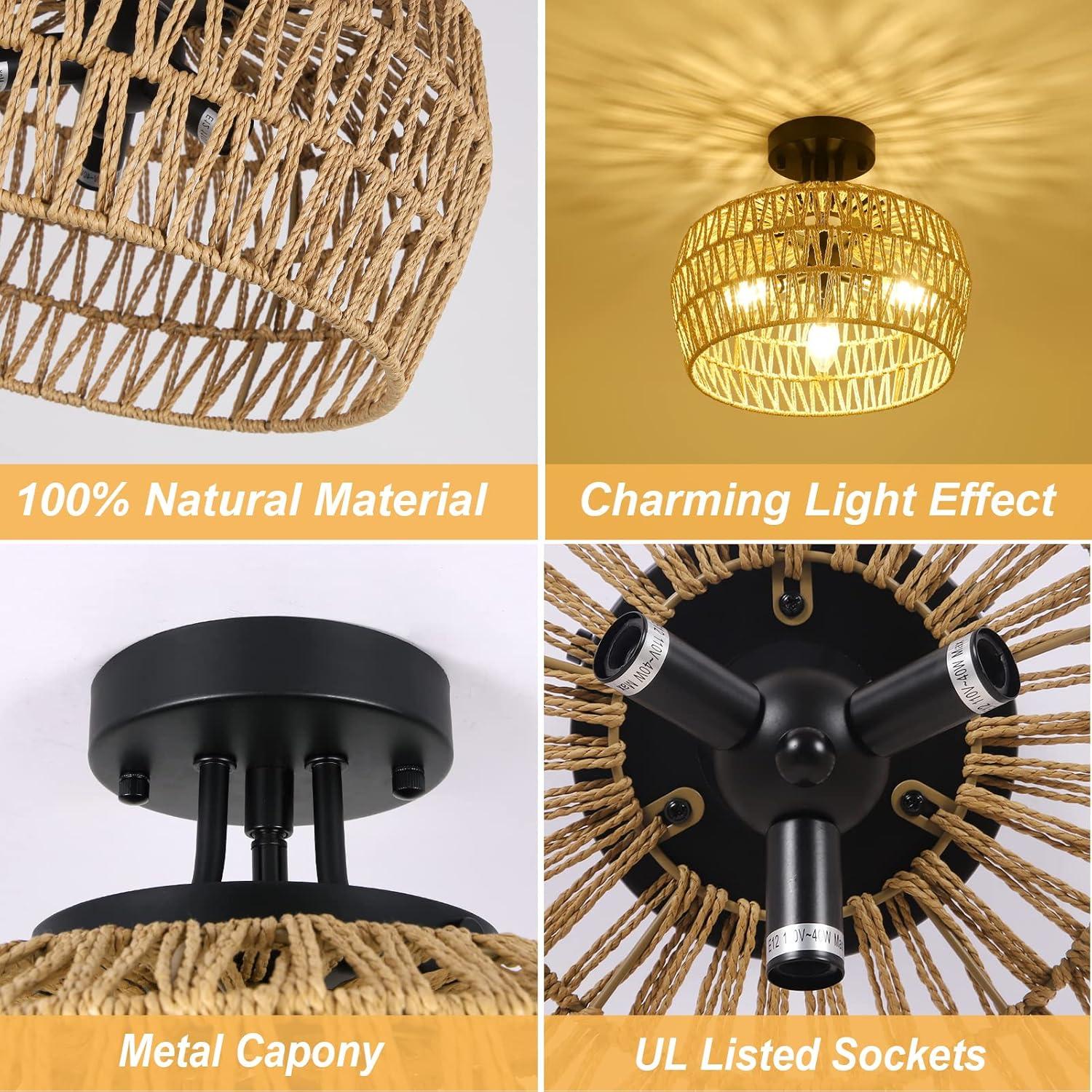 ACE-LIGHTS,3-Lights Semi Flush Mount Boho Chandelier Ceiling Light,Rattan Light Fixture Ceiling Mount with Handmade Wicker Lampshade for Bedroom,Living Room,Hallway,Kitchen(Brown)
