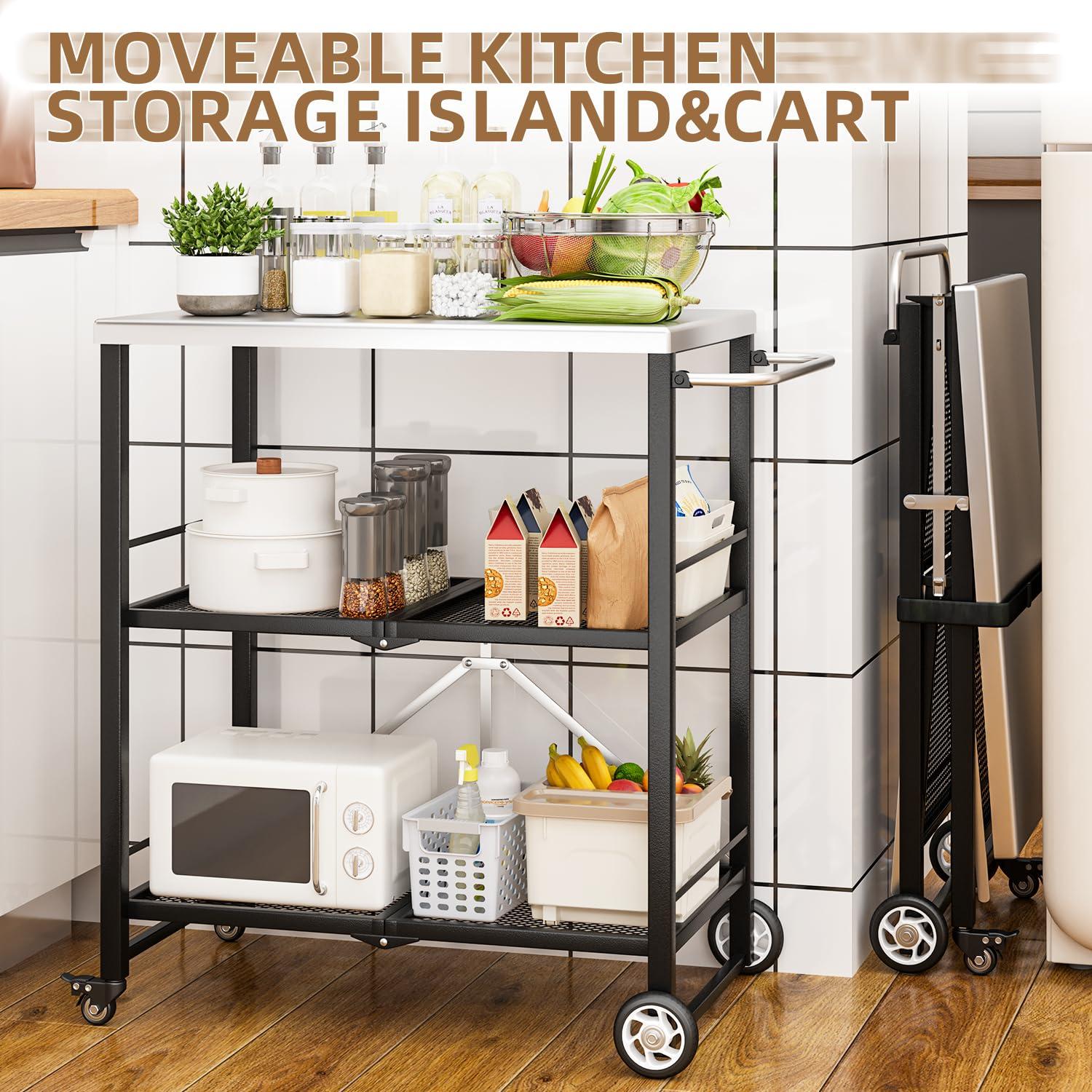 AECOJOY Outdoor Grill Table, Stainless Steel Pizza Oven Stand 3-Tier Folding BBQ Prep Table with Casters, Portable Kitchen Island for Apartment, Studio & Backyard Cooking, Gray