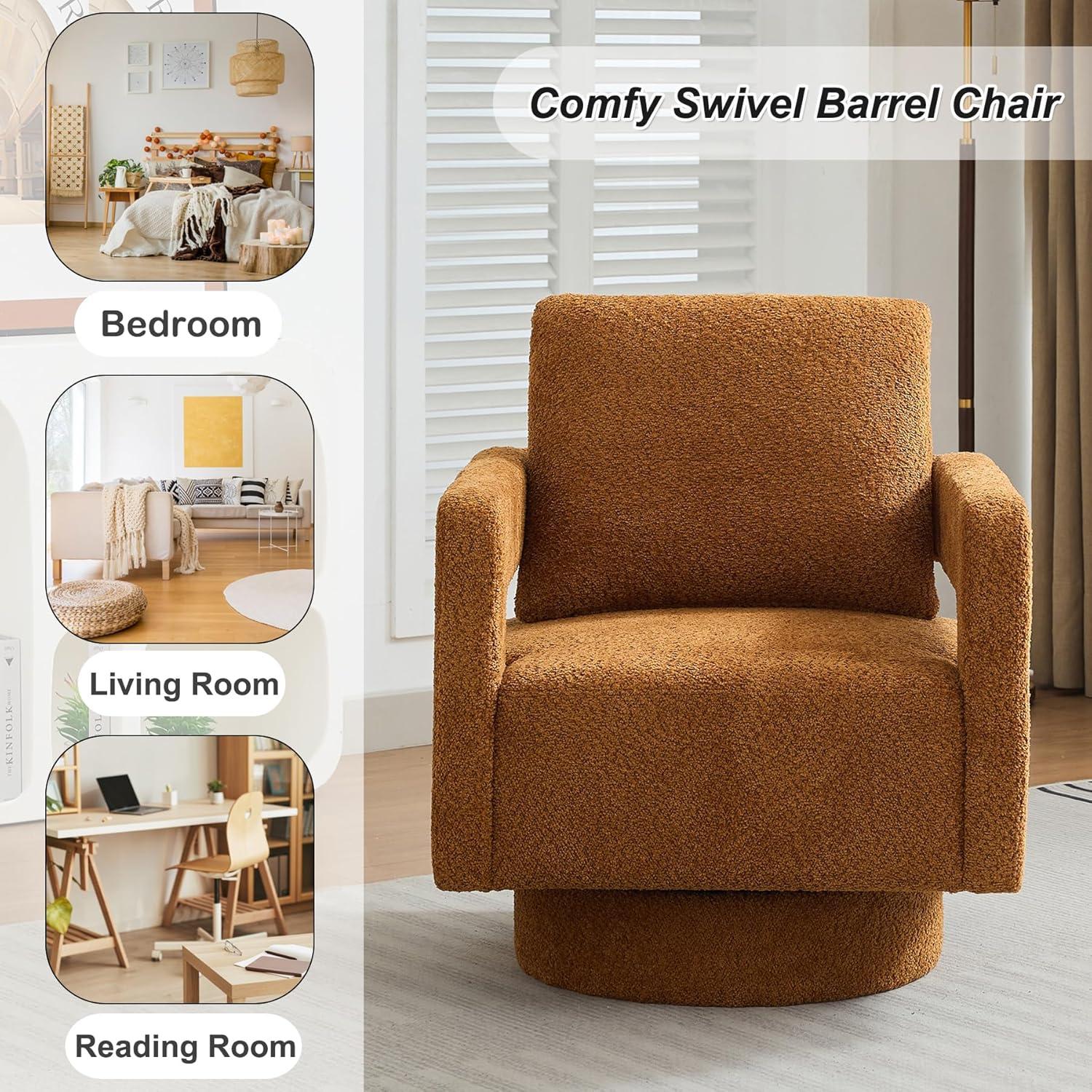 Caramel Boucle Upholstered Swivel Barrel Accent Chair