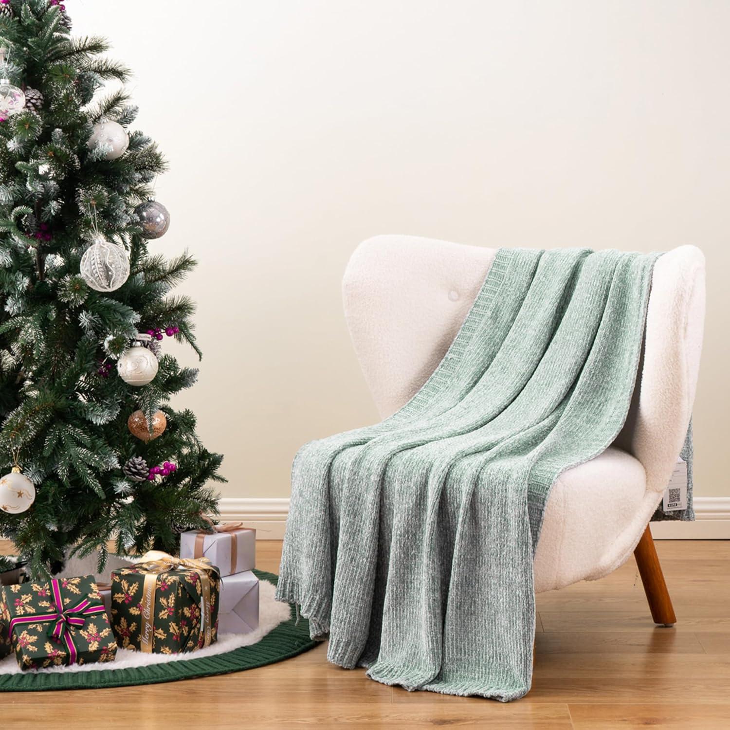 Sage Green Chenille Knit Throw Blanket for Couch, 51"x67"