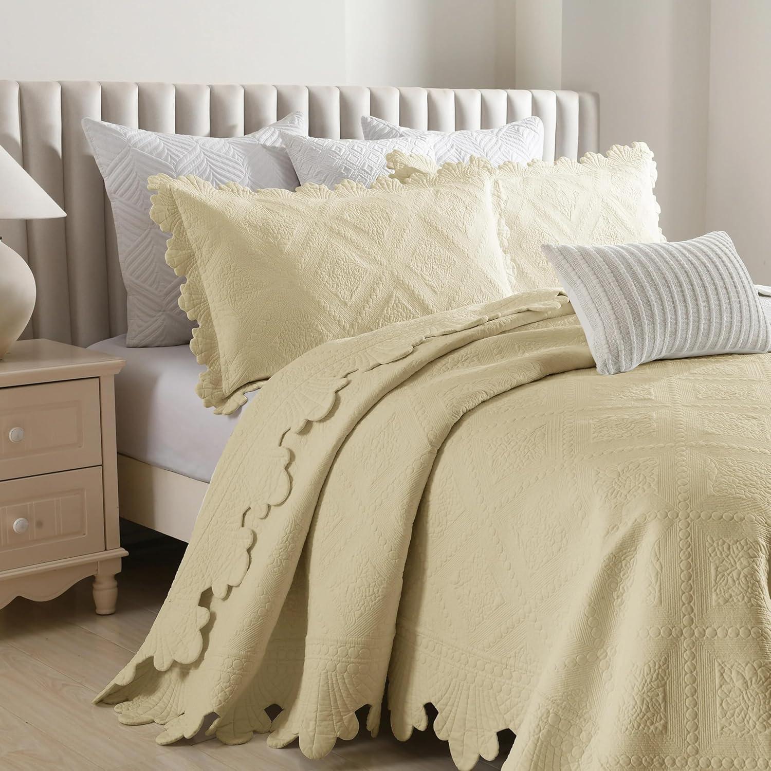 Beige Khaki Cotton Queen Bedspread Set with Embroidery