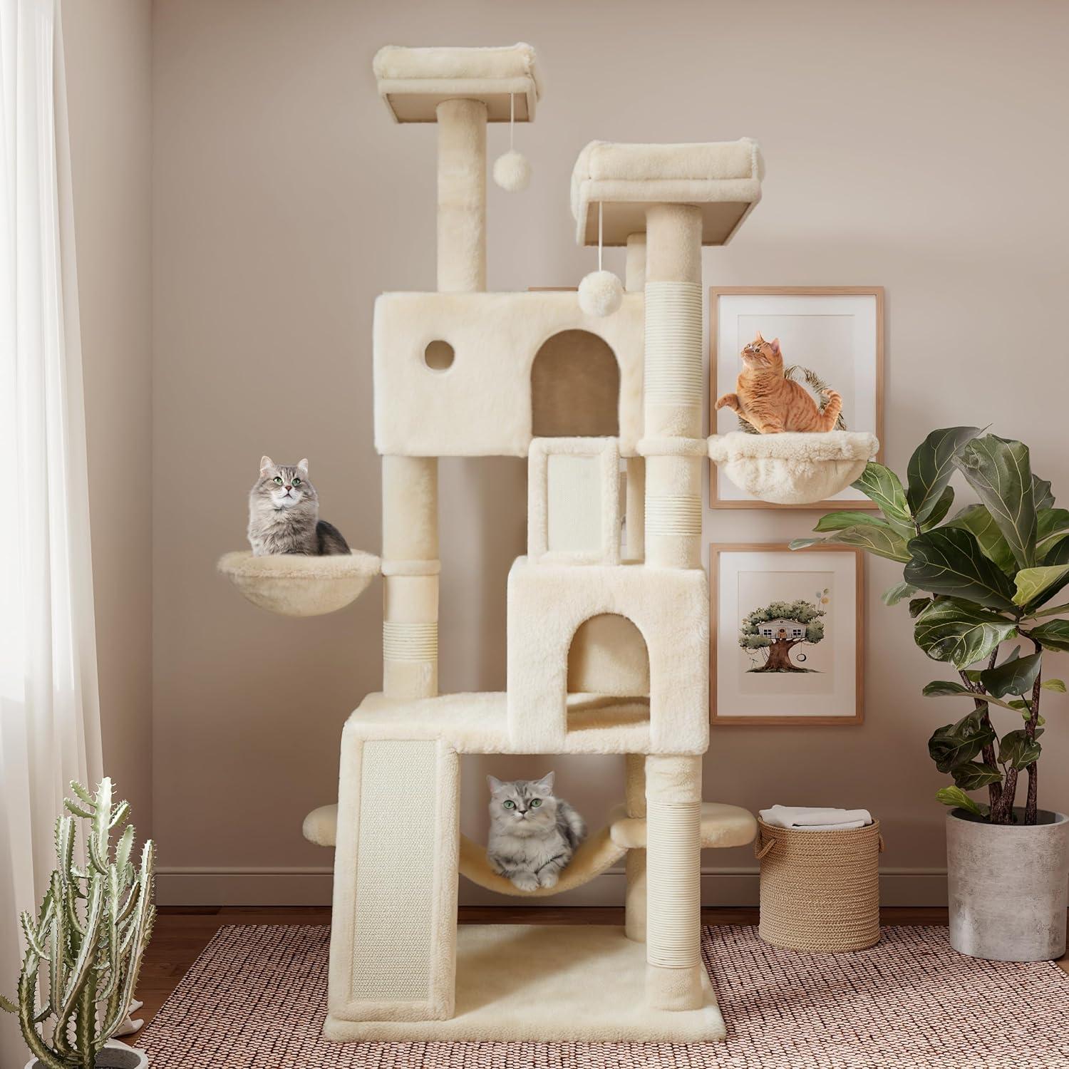 65in Larger Cat Tree Tower Condo for Indoor Cats, Multi-Level Furniture Activity Center with Wide Base/Cozy Plush Cat Perches/Baskets/Sisal Scratching Posts and Hammock/Beige