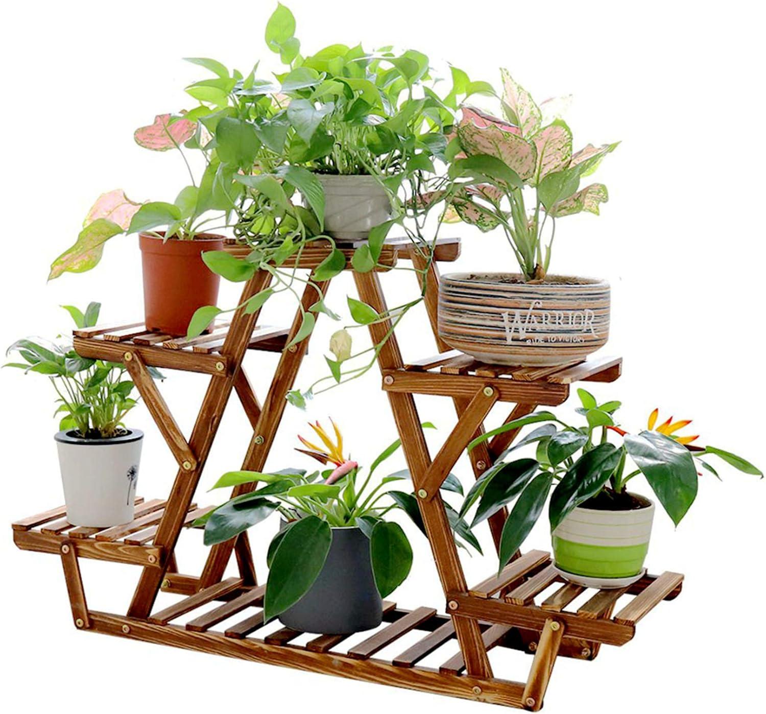 unho Triangular Plant Stand Indoor: 23 inch High Wooden Shelf 6 Potted Flower Mini Succulent Display Rack Holder for Patio Balcony Sunroom Living Room Window Decor