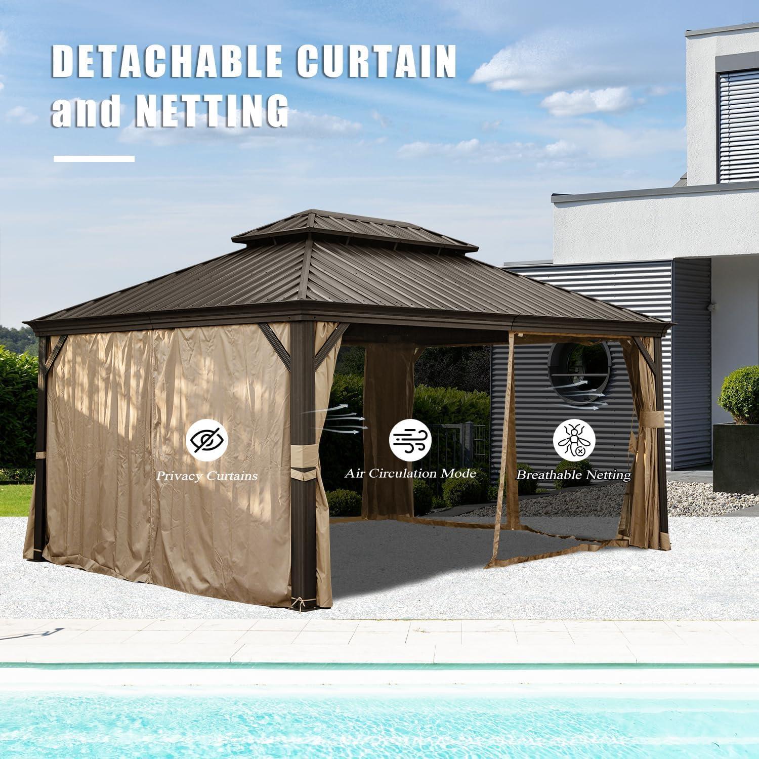 10' x 14' Hardtop Gazebo Galvanized Outdoor Gazebo Canopy Double Vented Roof Pergolas Aluminum Frame with Netting and Curtains