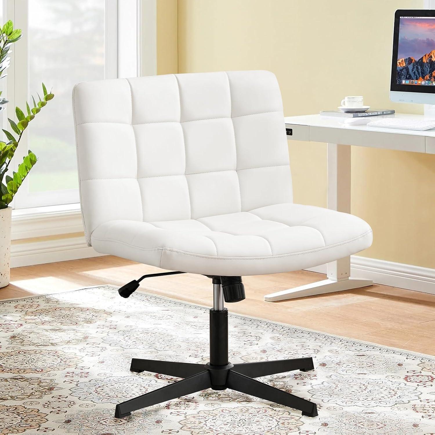 Armless Home Office Task Desk Computer Chair No Wheels PU-Padded Adjustable Swivel Vanity Chair lvory white