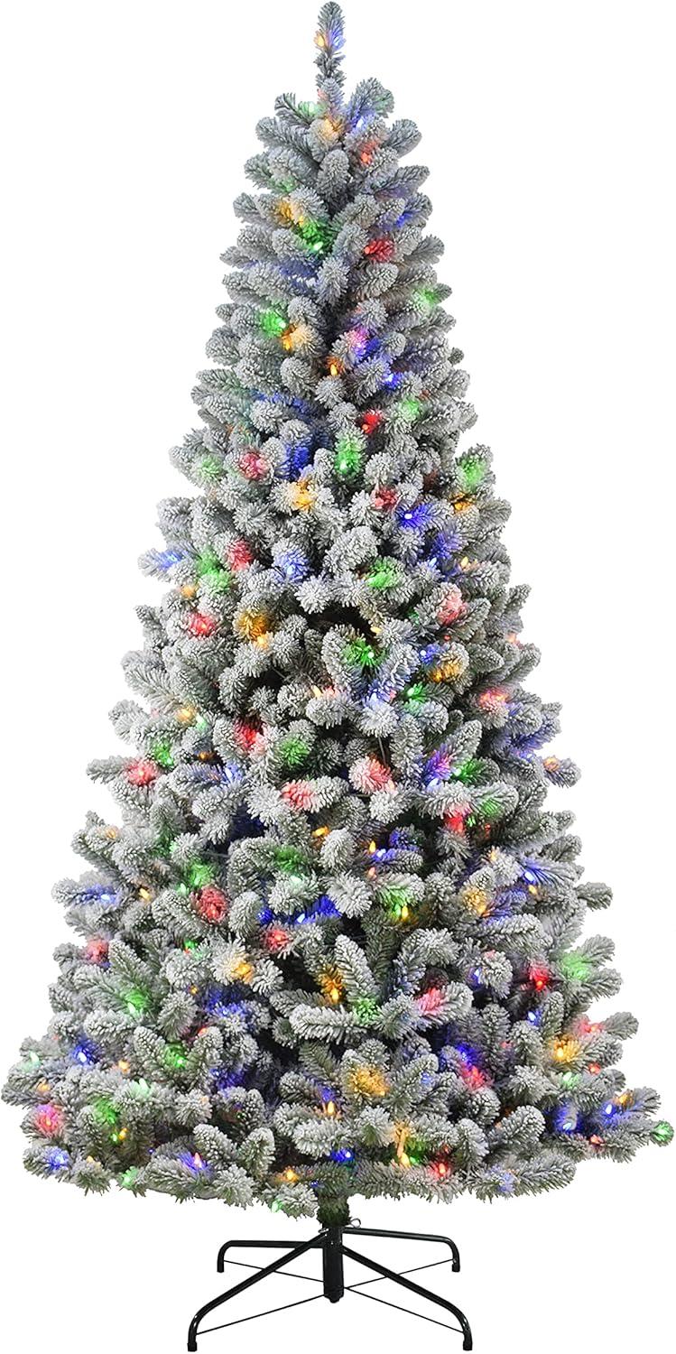 Pre-Lit 7.5' Flocked Virginia Pine Artificial Christmas Tree with 400 Color-Select LED Lights, Green