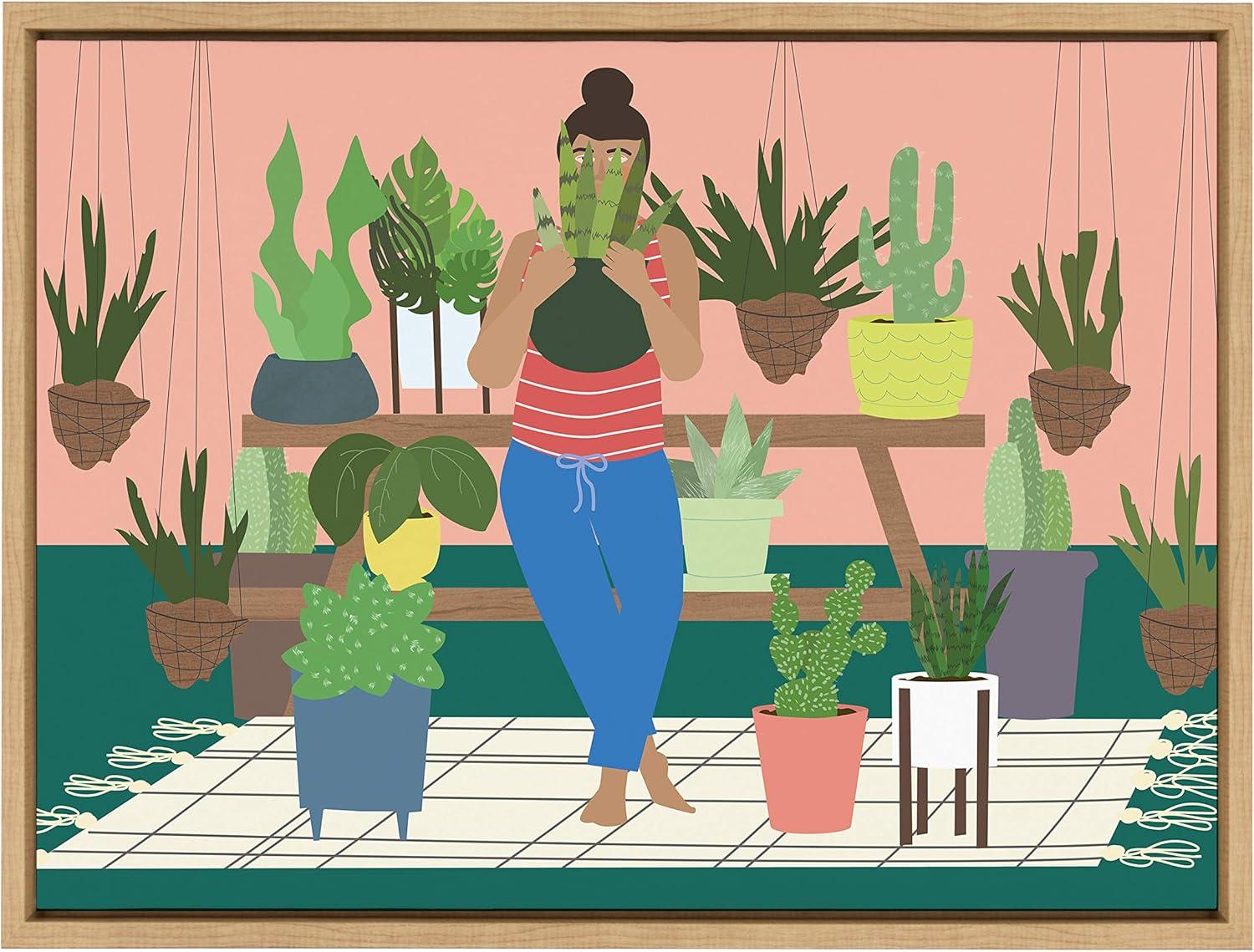 Kate & Laurel All Things Decor 18" x 24" Sylvie Plant Lady Framed Canvas by Queenbe Monyei Natural : Modern Style, Digital Nature Art