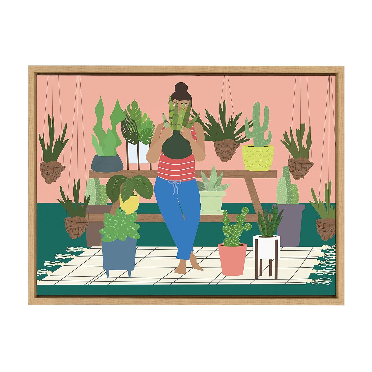 Kate & Laurel All Things Decor 18" x 24" Sylvie Plant Lady Framed Canvas by Queenbe Monyei Natural : Modern Style, Digital Nature Art