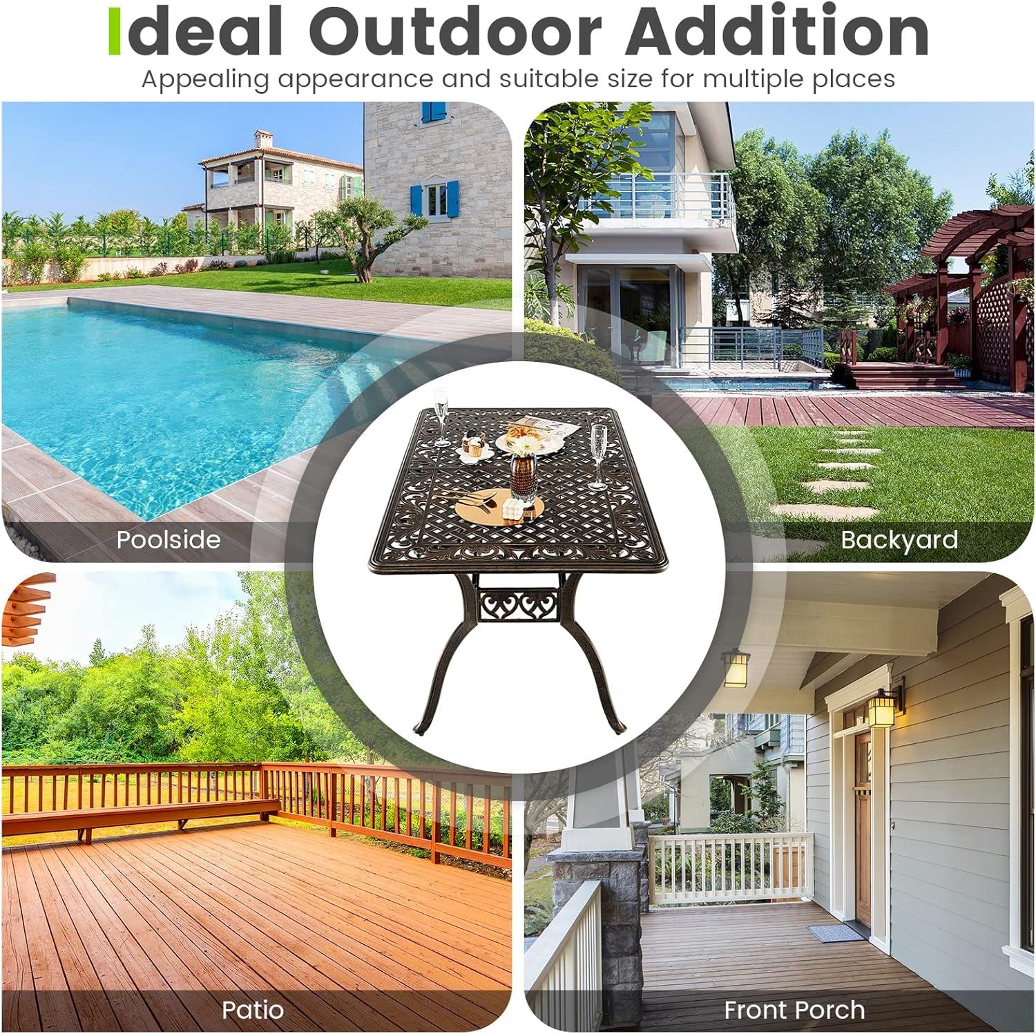 Giantex Patio Dining Table, Cast Aluminum Outdoor Table for 6 or 8 Persons, Heavy-Duty Structure, Adjustable Footpads, All-Weather Square Umbrella Table with Hole, 59" Lx35.4 Wx28.3 H