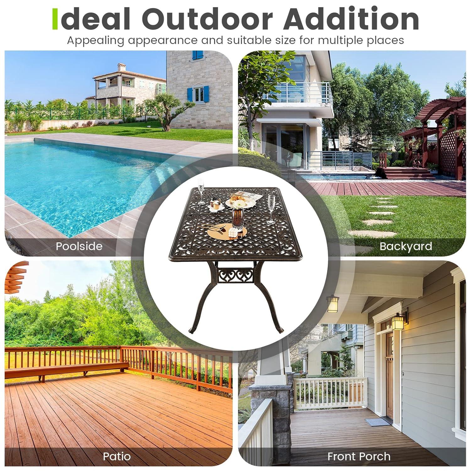 Giantex Patio Dining Table, Cast Aluminum Outdoor Table for 6 or 8 Persons, Heavy-Duty Structure, Adjustable Footpads, All-Weather Square Umbrella Table with Hole, 59" Lx35.4 Wx28.3 H