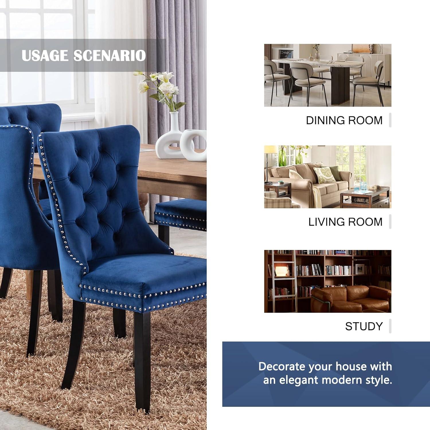 ODUSE-DAILY Velvet Dining Chairs Set of 4, Navy Kitchen & Dining Room Chairs, Tufted Dining Chairs, Fabric Upholstered, Solid Wood, Sillas De Comedor (Blue, 4 Pcs)