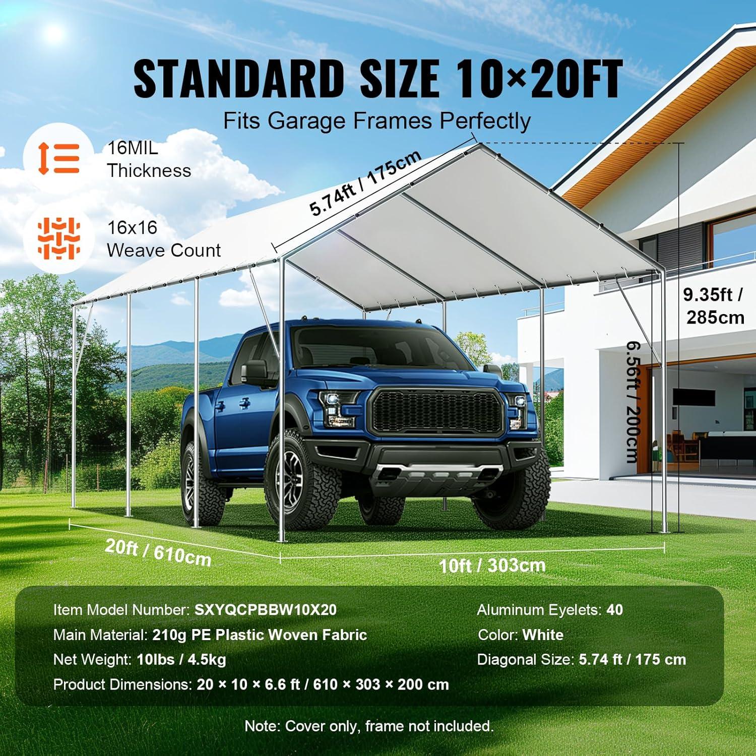 VEVOR 10 x 20 ft Carport Replacement Canopy Cover, Heavy-Duty Waterproof & UV Protected Shelter Tarp, Easy Installation with 40 Ball Bungees (Top Cover Only, Frame Not Included) - White