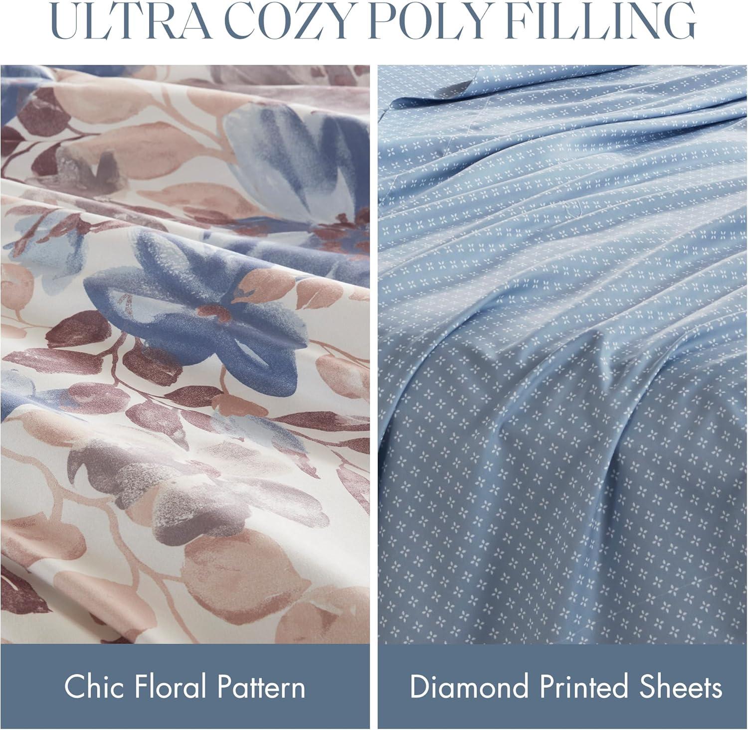 Full Blue Floral Microfiber Bed in a Bag Set