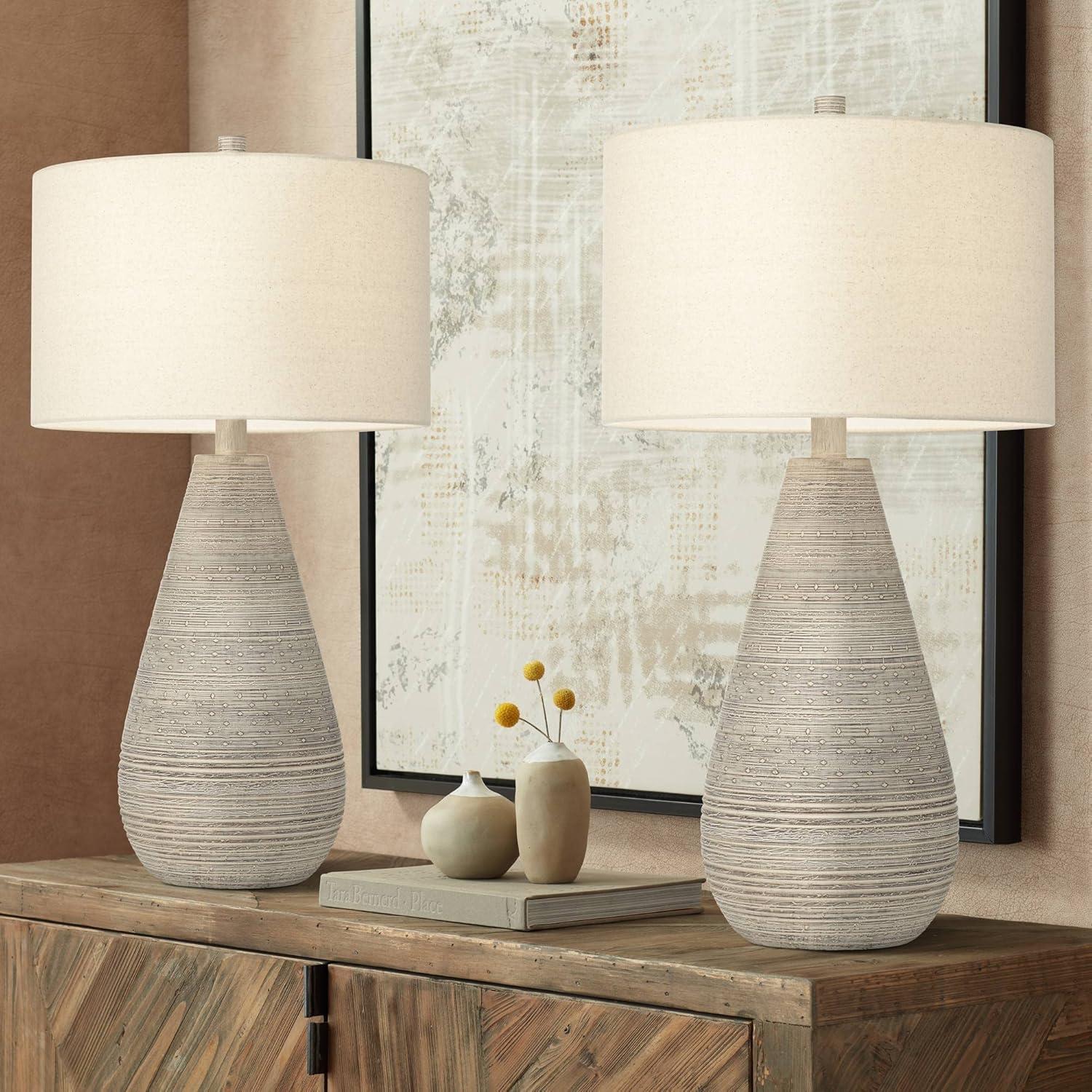 Rustic Gray Teardrop Table Lamps with Off-White Shades, Set of 2