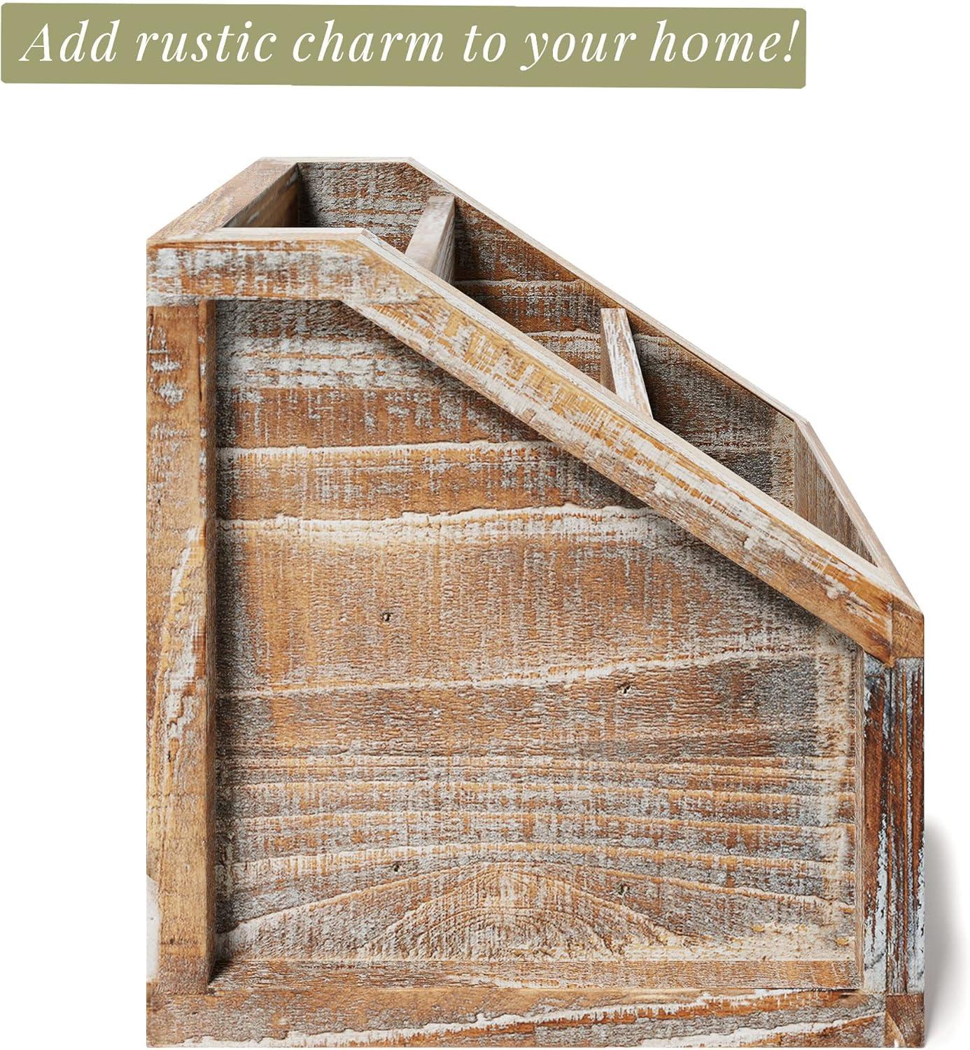 Barnyard Designs Rustic Vintage Wooden Desk Organizer Remotes Caddy Tabletop Desktop Office Supplies Desk Accessories Holder, 6.75" x 6.5” (White/Brown)