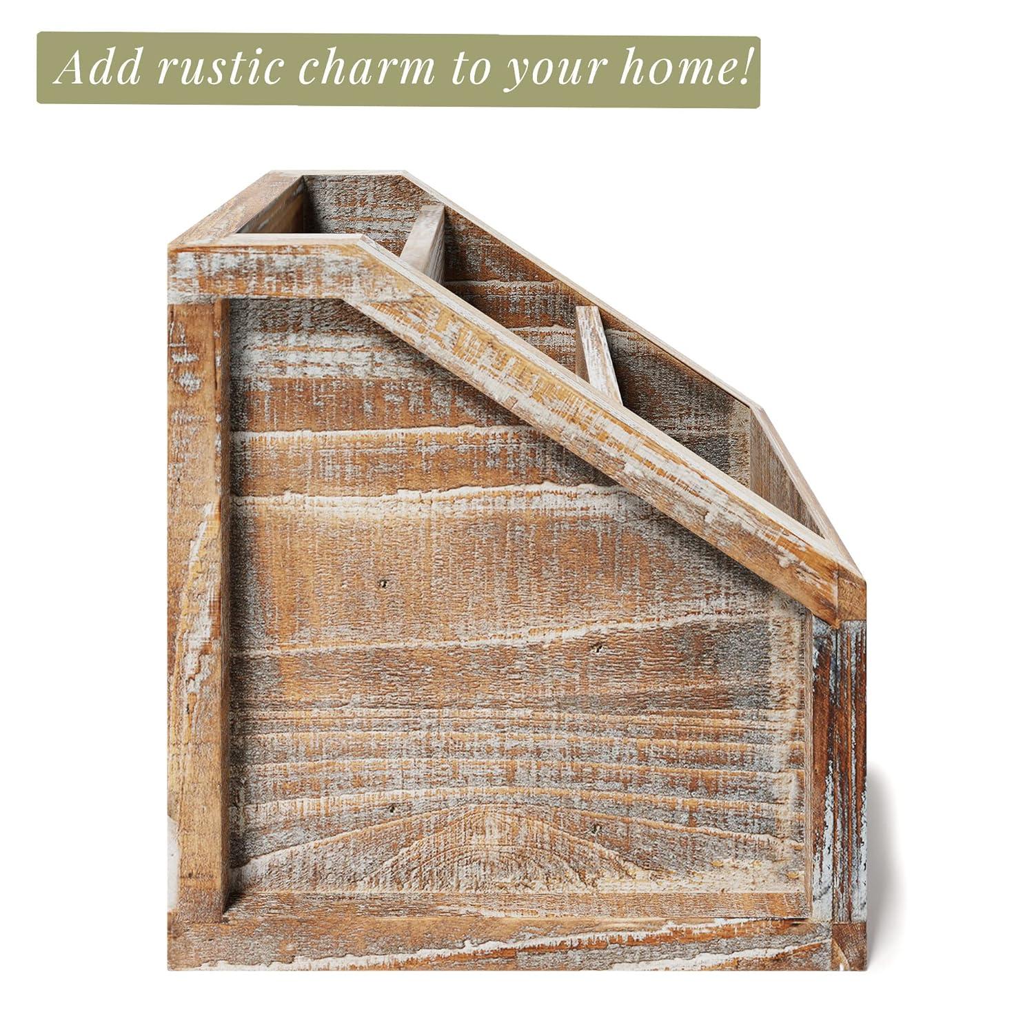 Barnyard Designs Rustic Vintage Wooden Desk Organizer Remotes Caddy Tabletop Desktop Office Supplies Desk Accessories Holder, 6.75" x 6.5” (White/Brown)