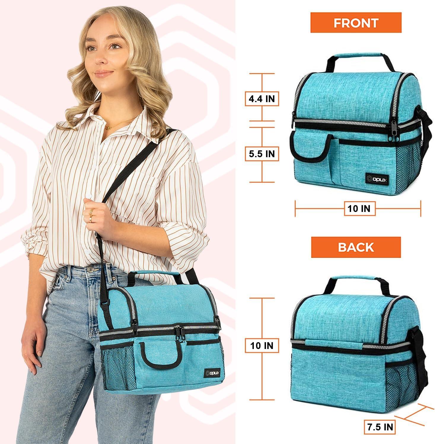 OPUX Insulated Dual Compartment Lunch Bag, Leakproof Soft Cooler Box Women Men Adult, Reusable Tote Pail Kids Boys Girls School (Heather Sea Blue)