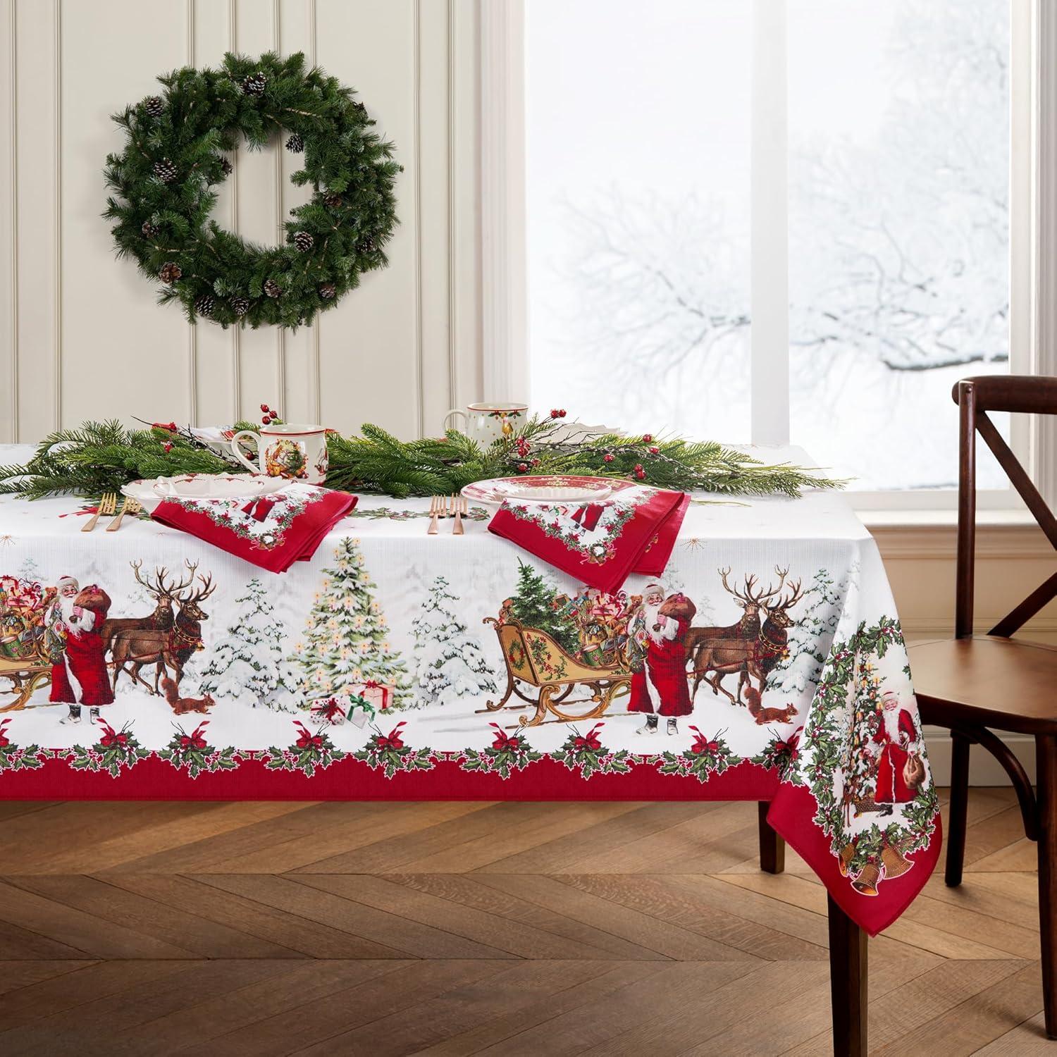 Christmas Holiday Santa and Reindeer Fabric Tablecloth, 60"x84" Rectangle