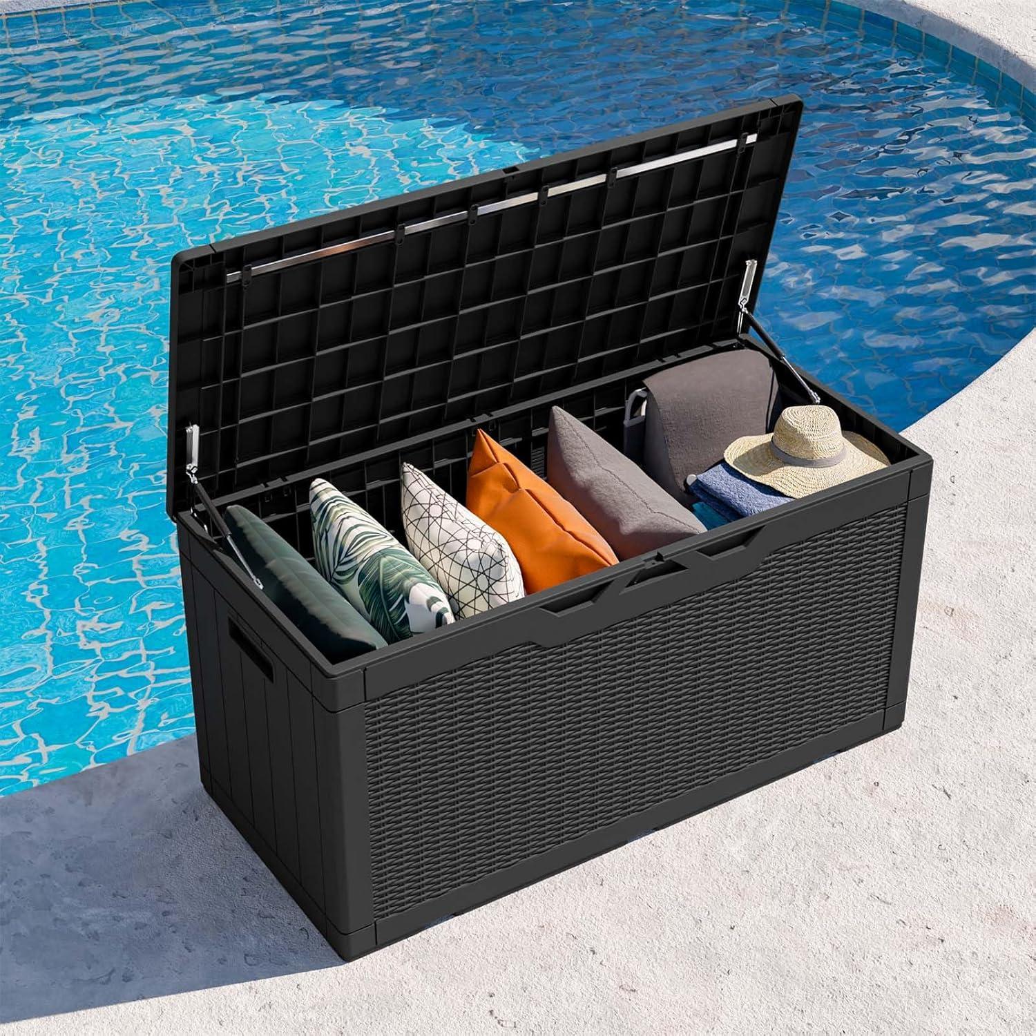 Black Polypropylene Wicker Lockable Deck Box, 100 Gallon