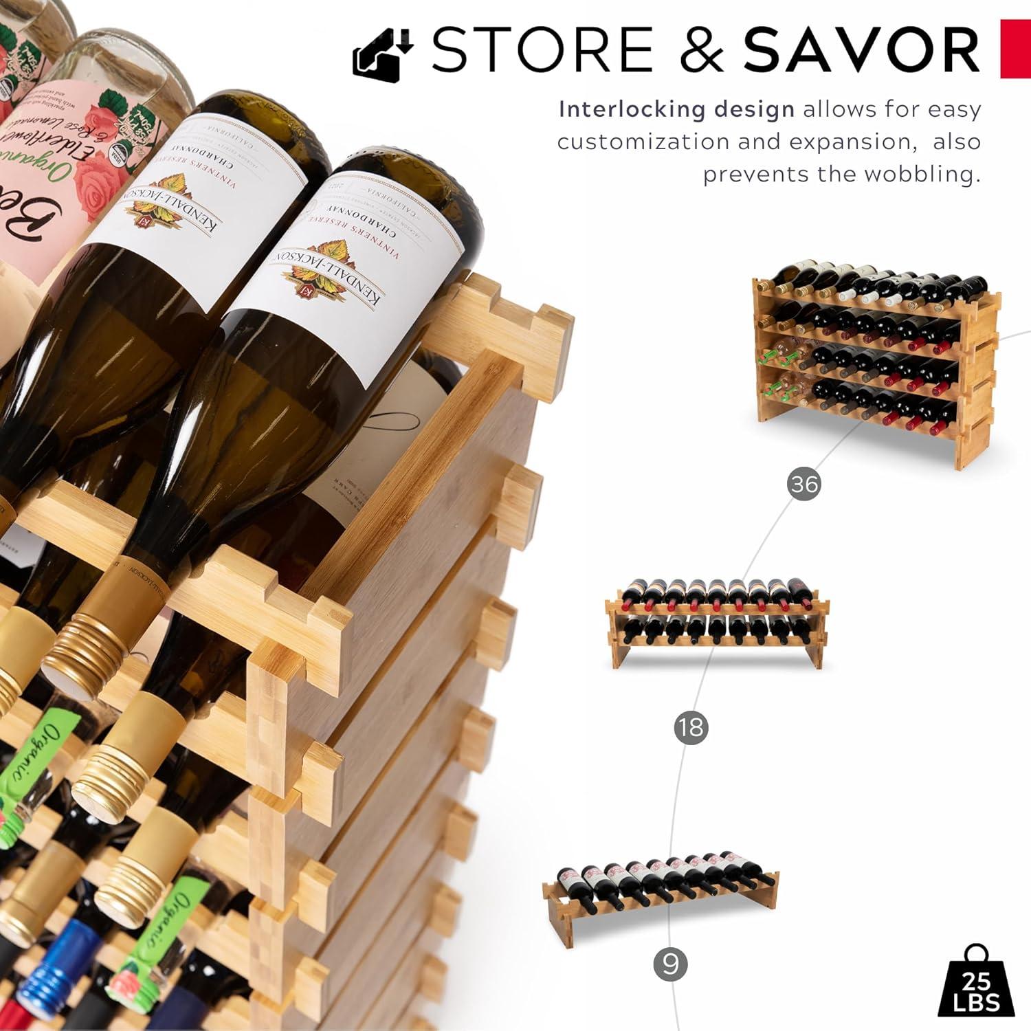 Eight-Tier Natural Bamboo 72-Bottle Modular Wine Rack
