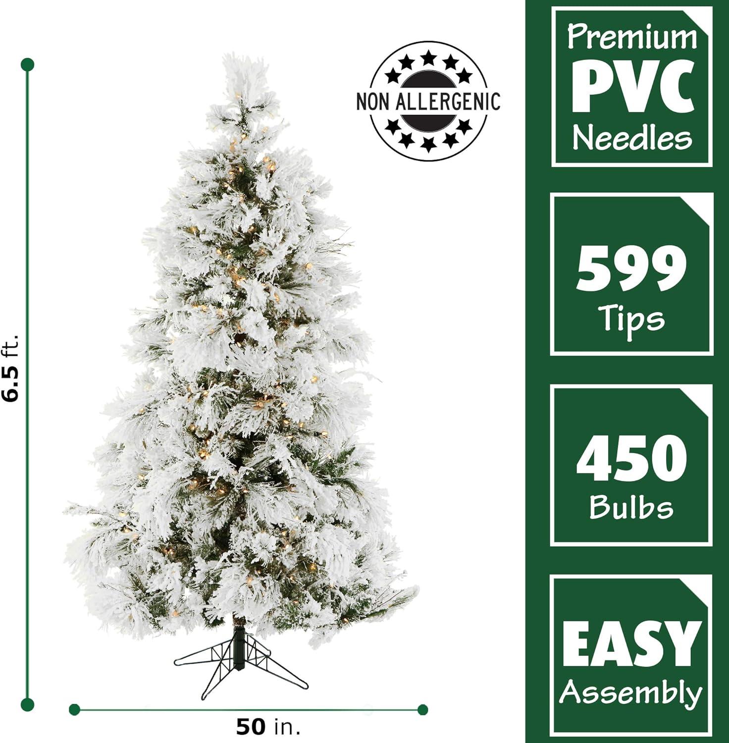 Fraser Hill Farm 6.5-Foot Pre-Lit Snow Flocked Snowy Pine Christmas Tree, 450White Incandescent Smart Lights