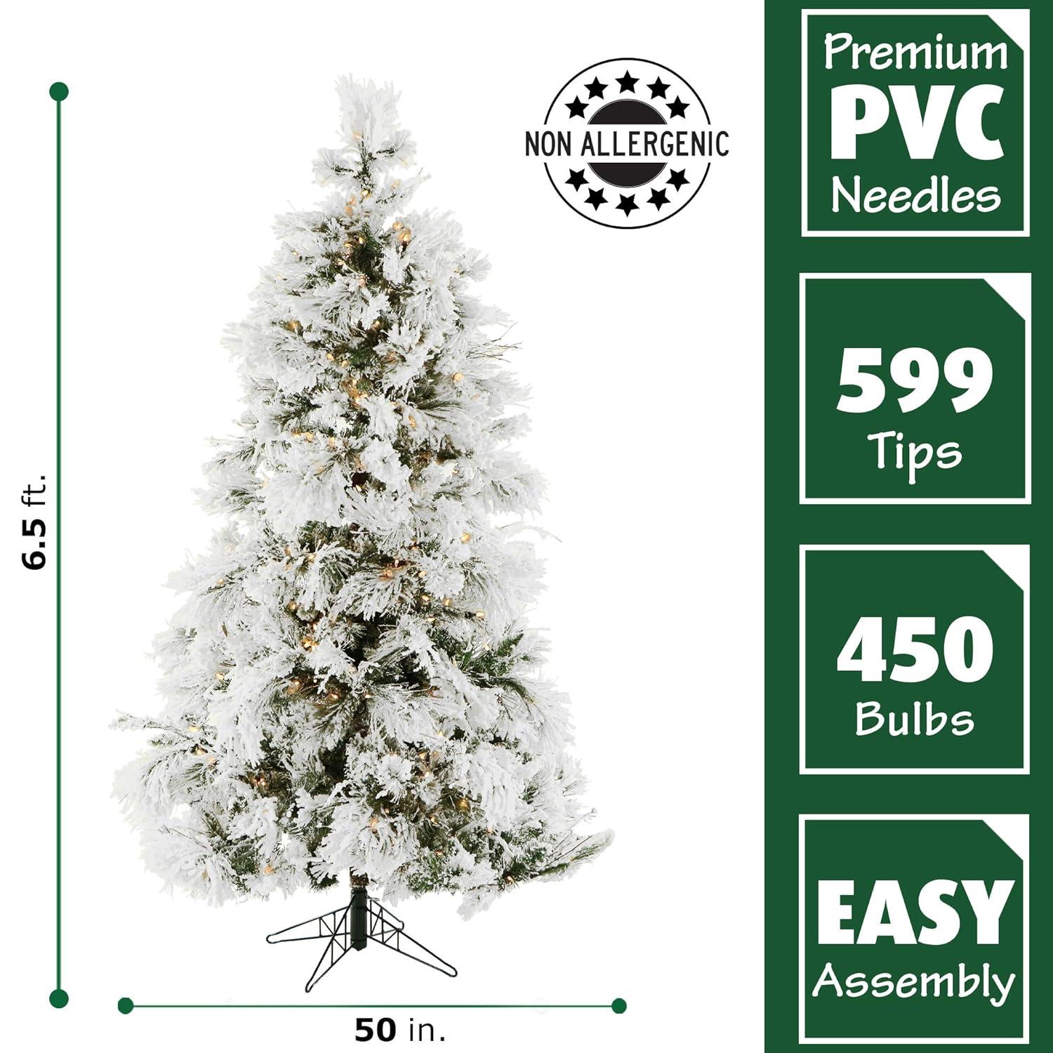 Fraser Hill Farm 6.5-Foot Pre-Lit Snow Flocked Snowy Pine Christmas Tree, Smart Lights