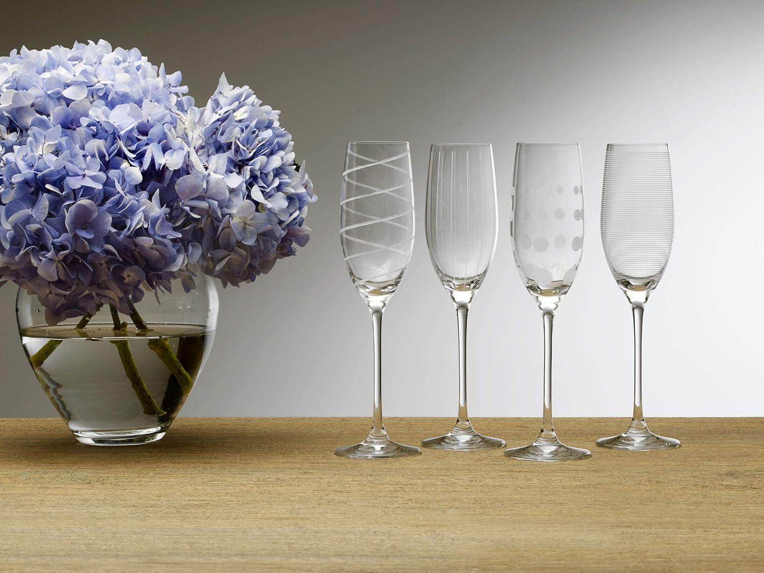 Set of 4 Clear Crystal Champagne Flute Glasses with Etched Designs