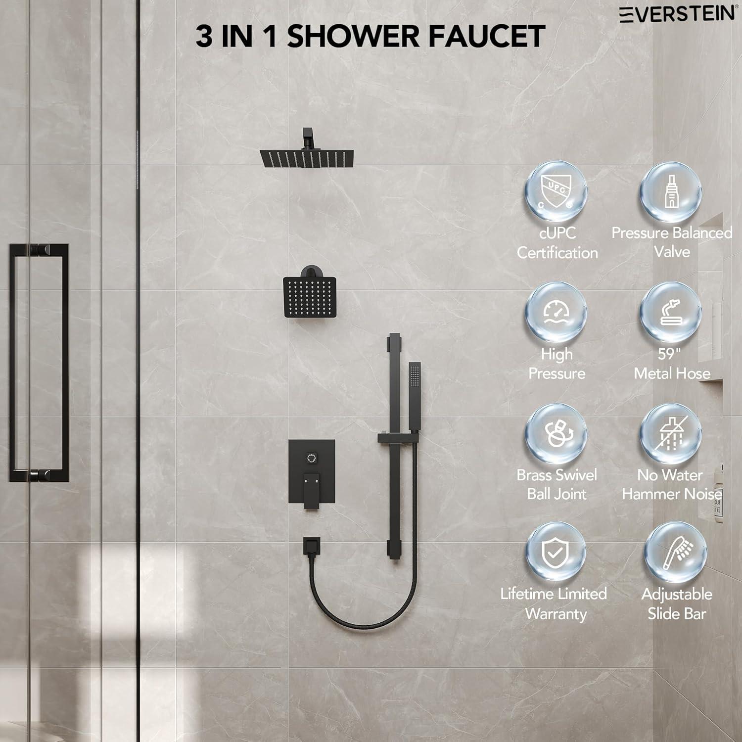 EVERSTEIN DualJetSpa 10-Inch High-Pressure Rainfall Shower Faucet with Handheld Spray, Wall Mount Dual Showerheads System with Slide Bar and Rough-in Valve SFS-1059-BK10