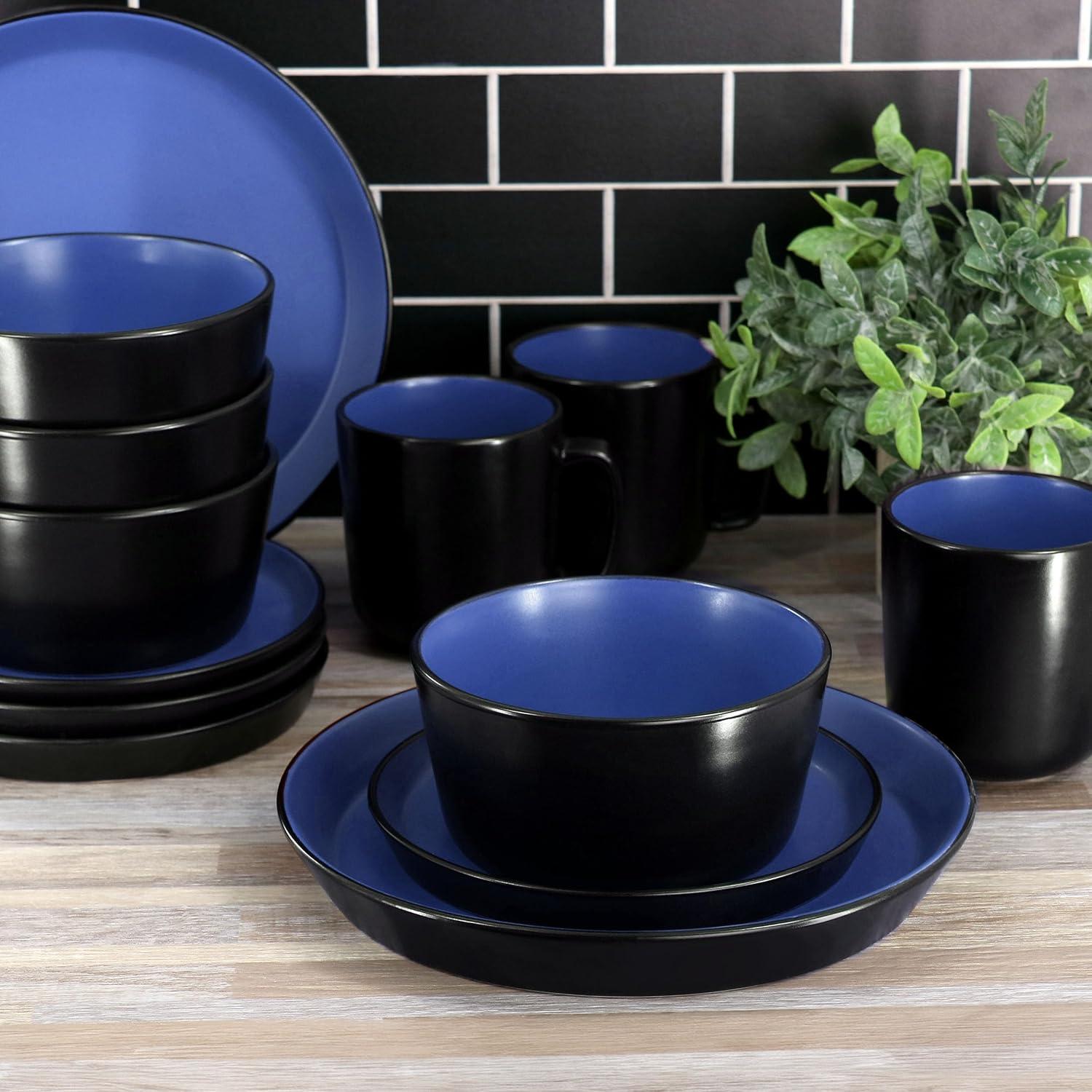 Elama Bacarra 16 Piece Stoneware Dinnerware Set in Two Tone Black and Red