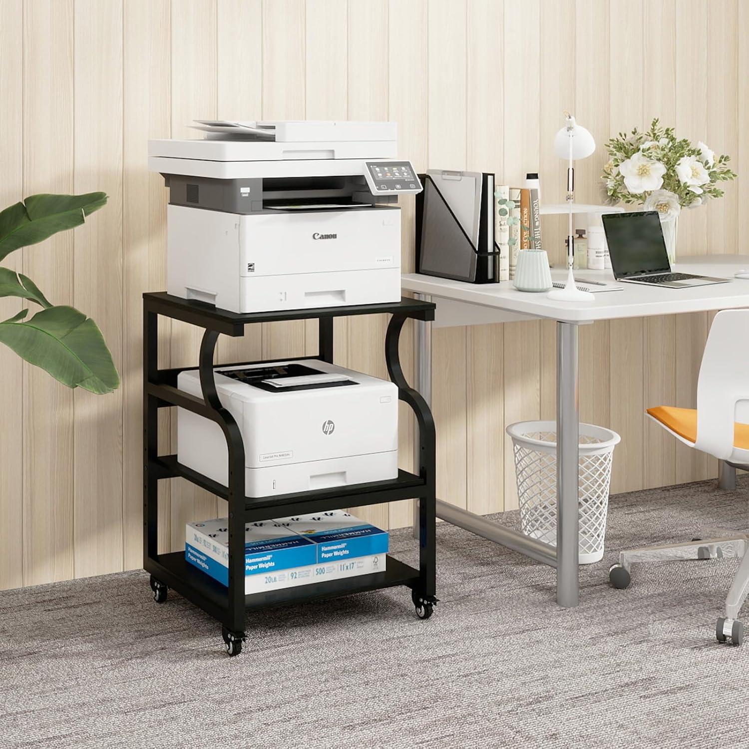 Natwind Large Printer Stand,24''x20''x29''Printer Table with Adjustable Storage Shelf,3 Tier Rolling Printer Cart with Wheels,Home Office Multifunctional Shelves for Heat Press (Black)
