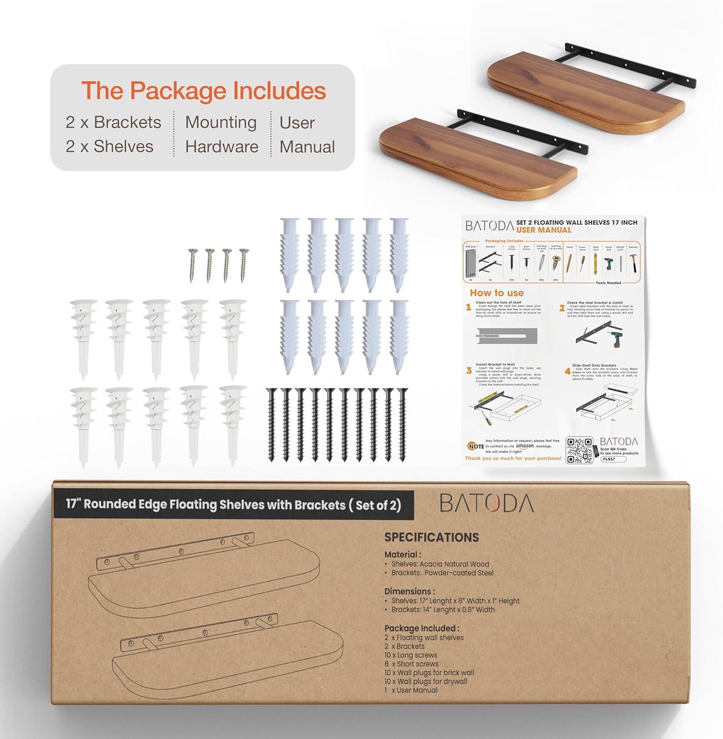 BATODA 17" Acacia Wood Floating Shelves Wall Mounted (Round Edge) – Rustic Farmhouse Wooden Wall Storage Shelf for Bedroom, Kitchen - Brackets and Shelving Hardware Included (Acacia, 17 Inch Length)