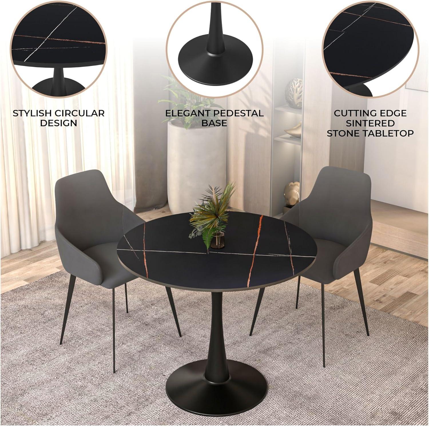 LeisureMod Round Dining Table 31" Sintered Stone Tabletop in Black Steel Bistro Series