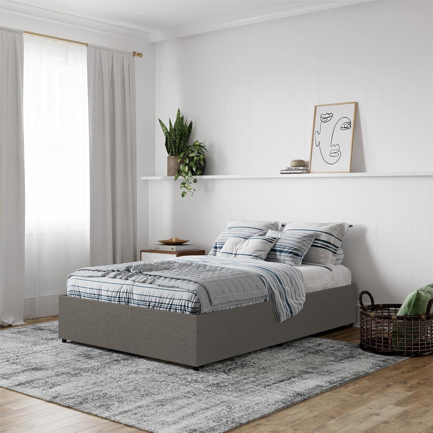 Full Grey Linen Upholstered Platform Bed with Storage Drawers