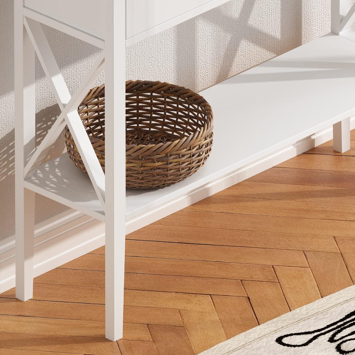 White and Dark Brown Rectangular Console Table with Drawers and Shelf