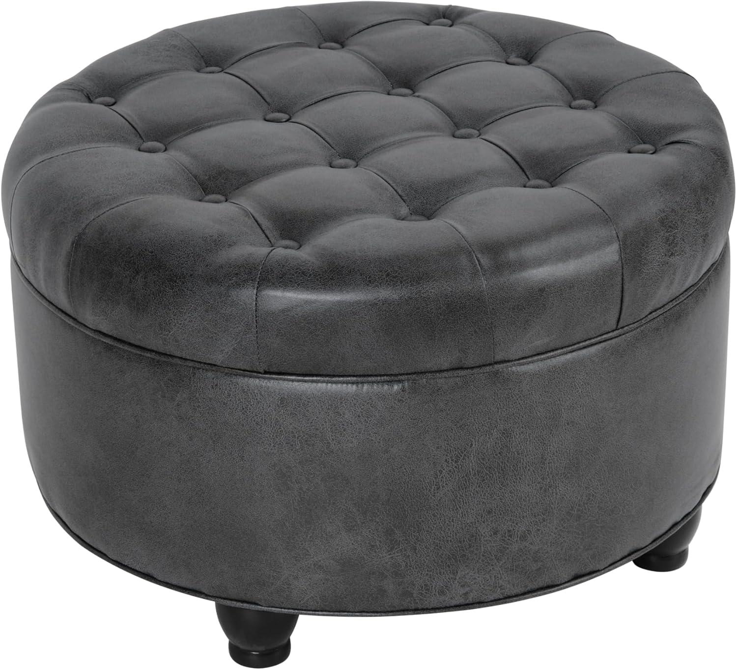 Large Tufted Round Storage Ottoman Faux Leather Gray - HomePop: Modern Upholstered Bench with Hardwood Frame