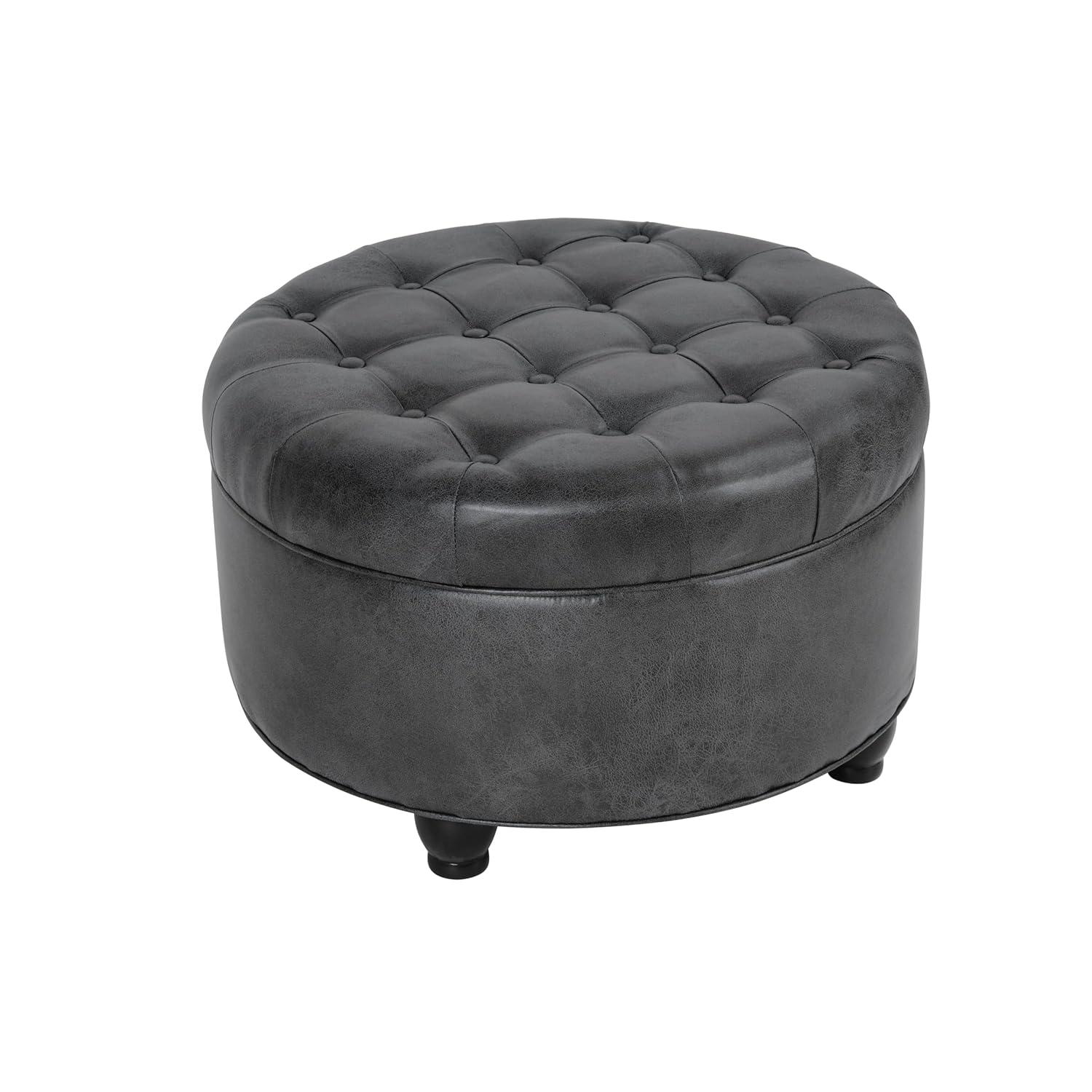 Large Tufted Round Storage Ottoman Faux Leather Gray - HomePop: Modern Upholstered Bench with Hardwood Frame
